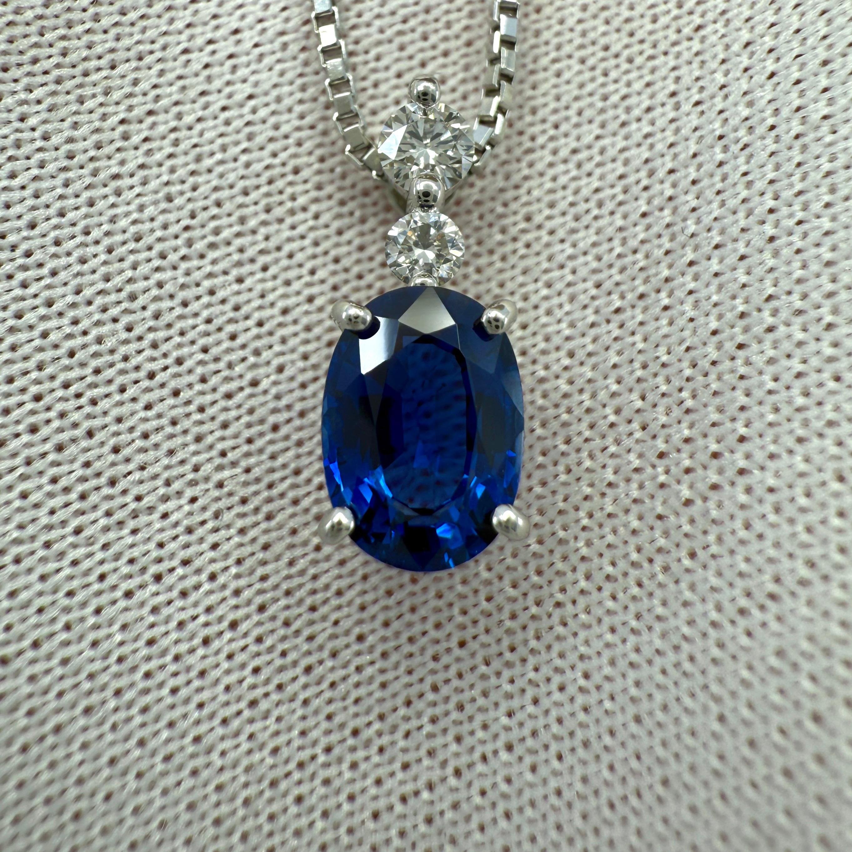 AIGS Certified 1.17ct Royal Blue Sapphire & Diamond Platinum Pendant Necklace In Excellent Condition For Sale In Birmingham, GB