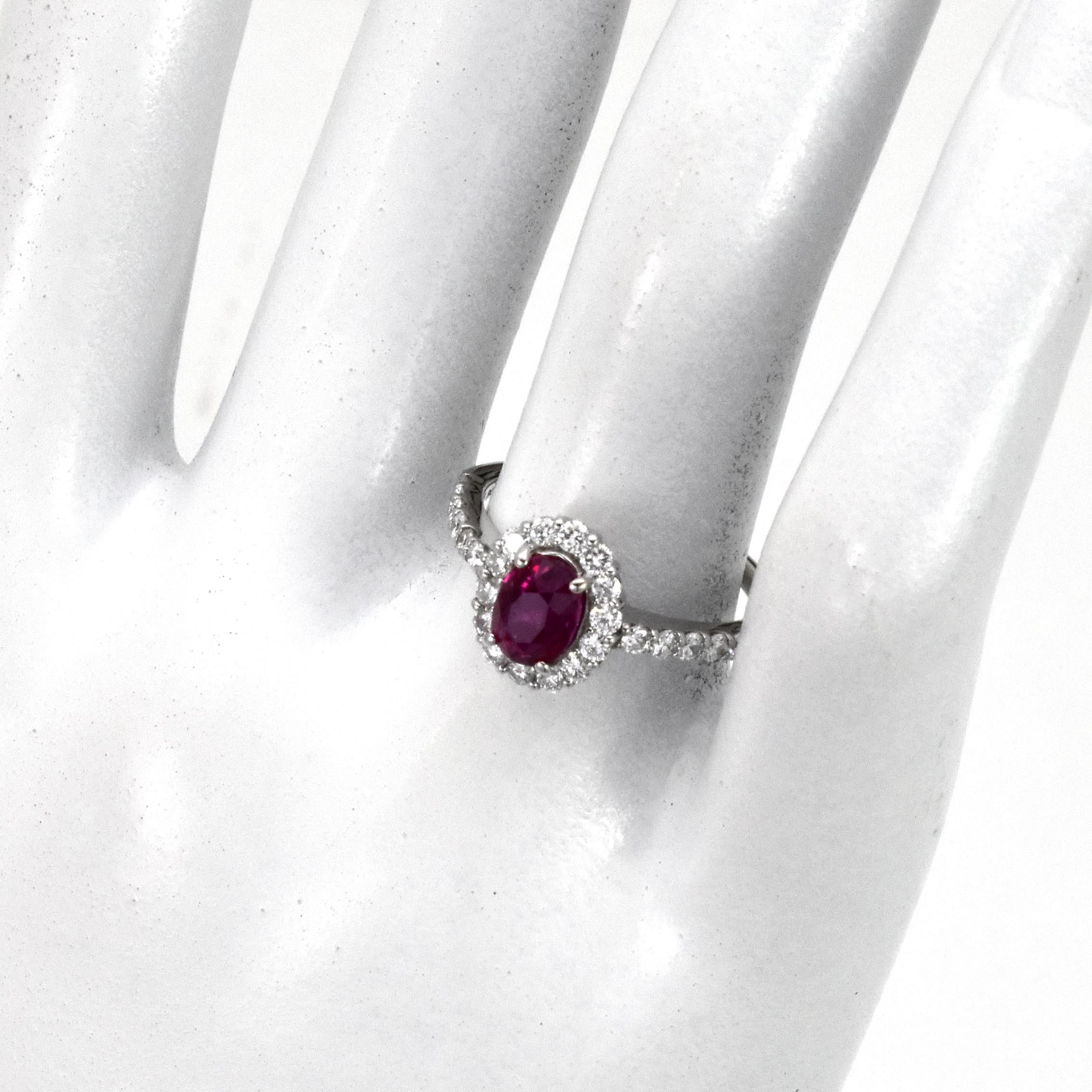 AIGS Certified 1.23 Carat Untreated, Pigeon's Blood Ruby Ring Made in Platinum For Sale 2