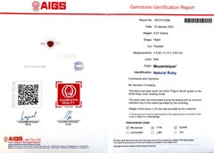 Unheated "Pigeon Blood" Ruby Stone 1.25 cts in Platinum Ring w Dia / AIGS Report