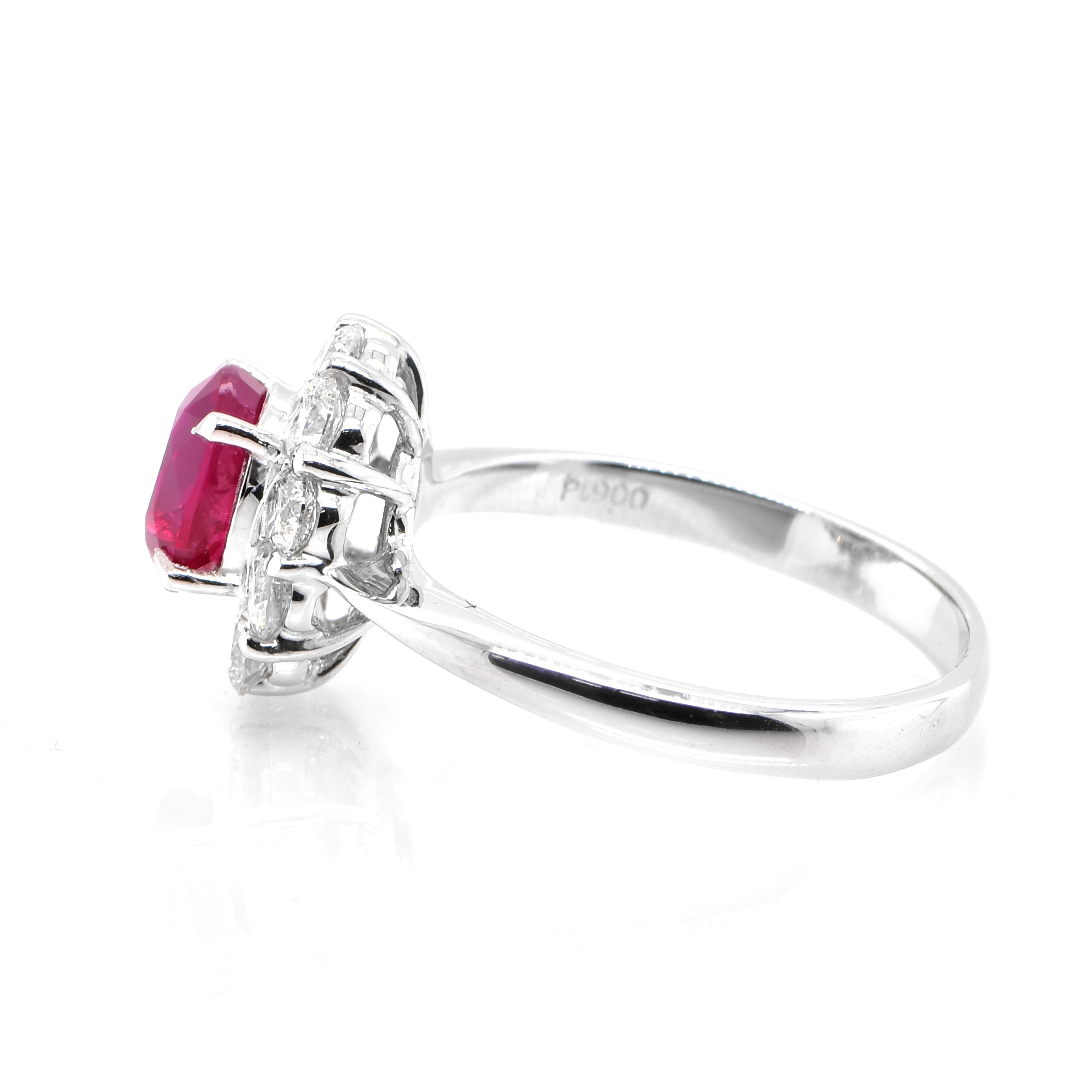 Oval Cut AIGS Certified 1.39 Carat Untreated Ruby and Diamond Ring Made in Platinum For Sale