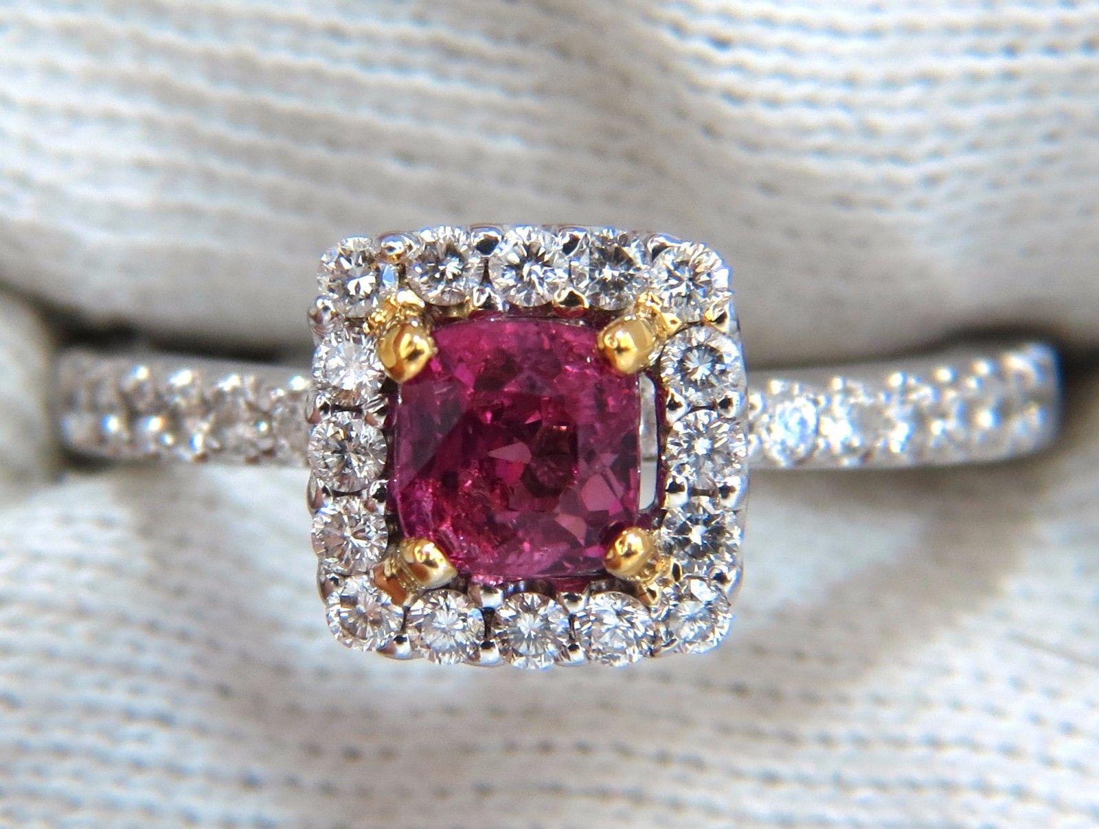 No Heat Pink Red Ruby Ring

1.05ct. AIGS Certified

Certificate Report ID: GF12080639

5.09 X 4.83 X 4.21mm

Full cut cushion brilliant 

Clean Clarity & Transparent



.40ct. Diamonds.

Round & full cuts 

G-color Vs-2 clarity.

  18kt. white