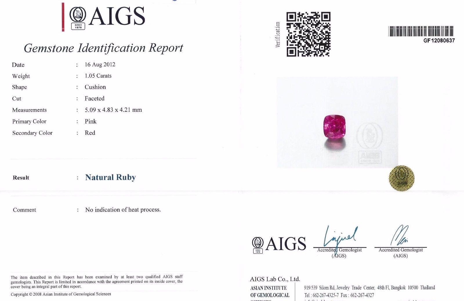 Women's or Men's AIGS Certified 1.45ct natural no heat pink red ruby diamond ring 18kt unheated For Sale