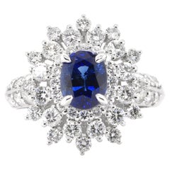 AIGS Certified 1.69 Carat Natural Royal Blue Sapphire Halo Ring Set in Platinum