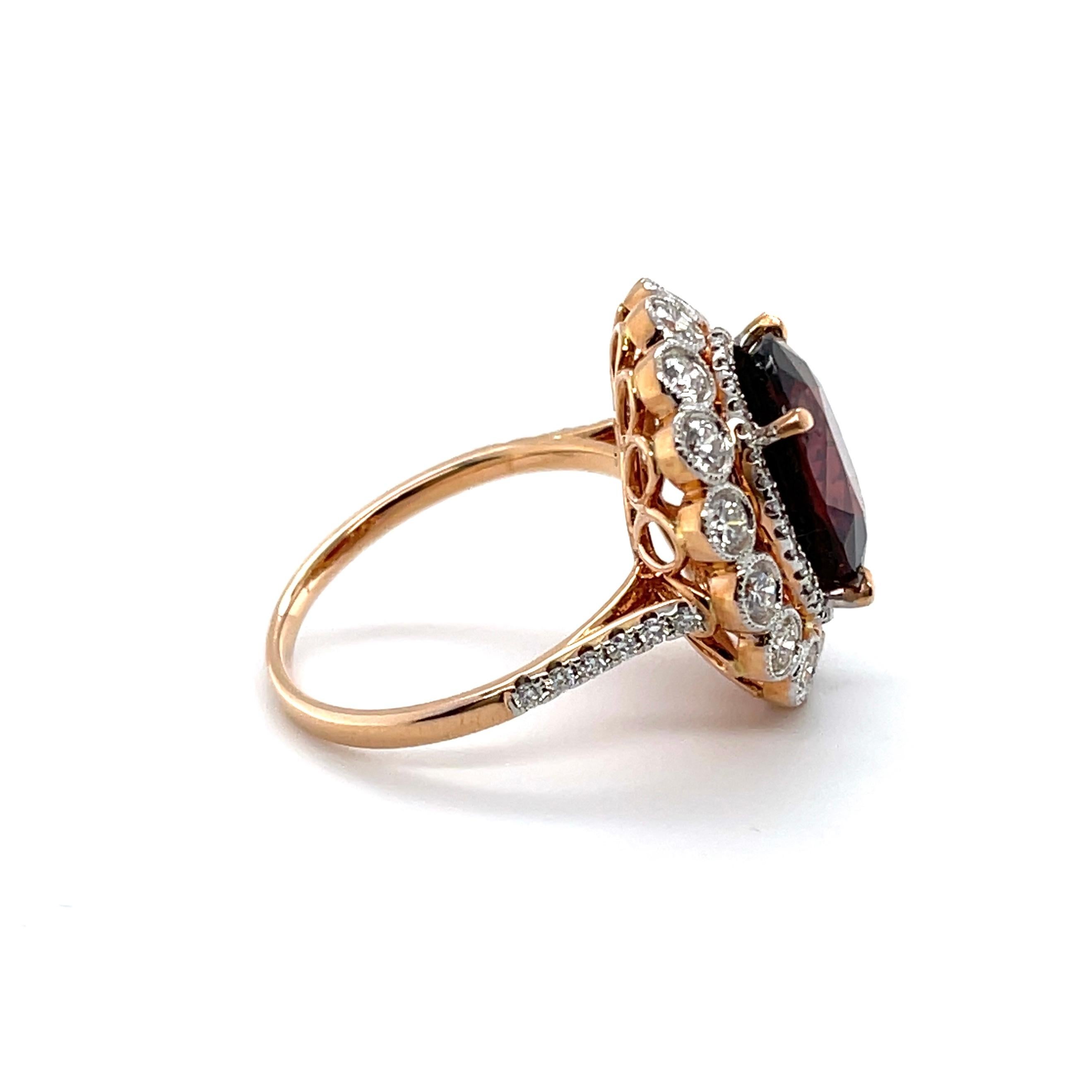 Oval cut Myanmar Natural Spinel, crafted with eighteen karat rose gold, featuring fourty-eight micro-claw set round brilliant cut diamonds, sixteen bezel set with millegrain detail round brilliant cut diamonds. complimented with a polished finish