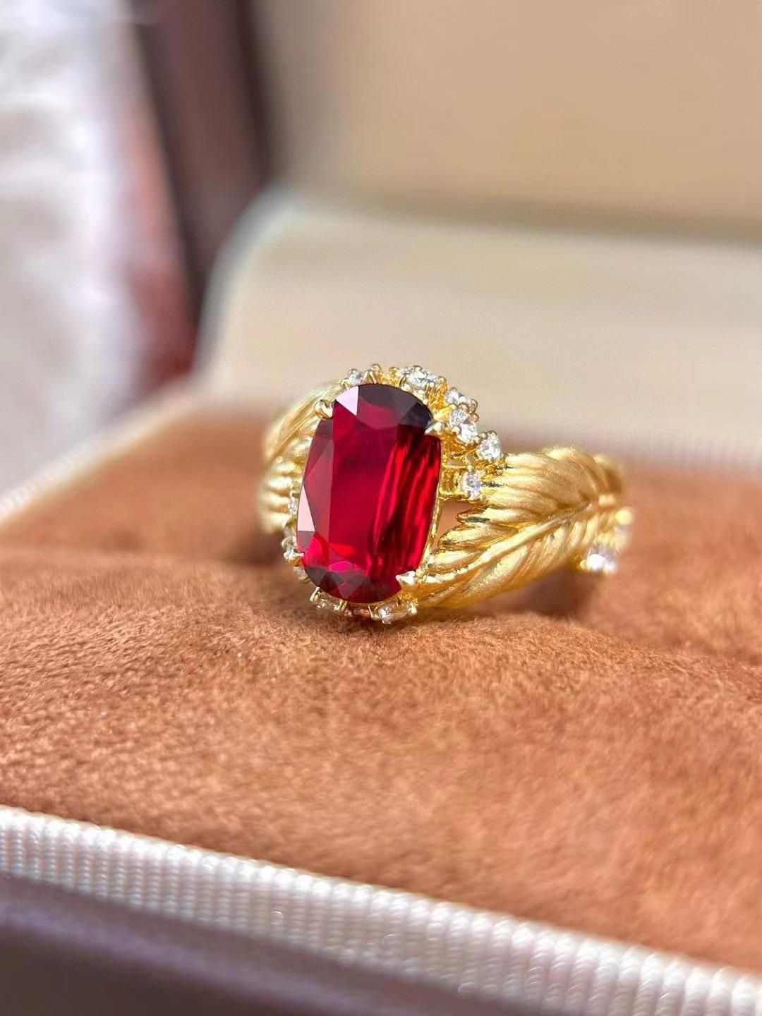 AIGS Certified 2.01ct Unheated Vivid Pigeon Blood Ruby 18K Gold Ring For Sale 1