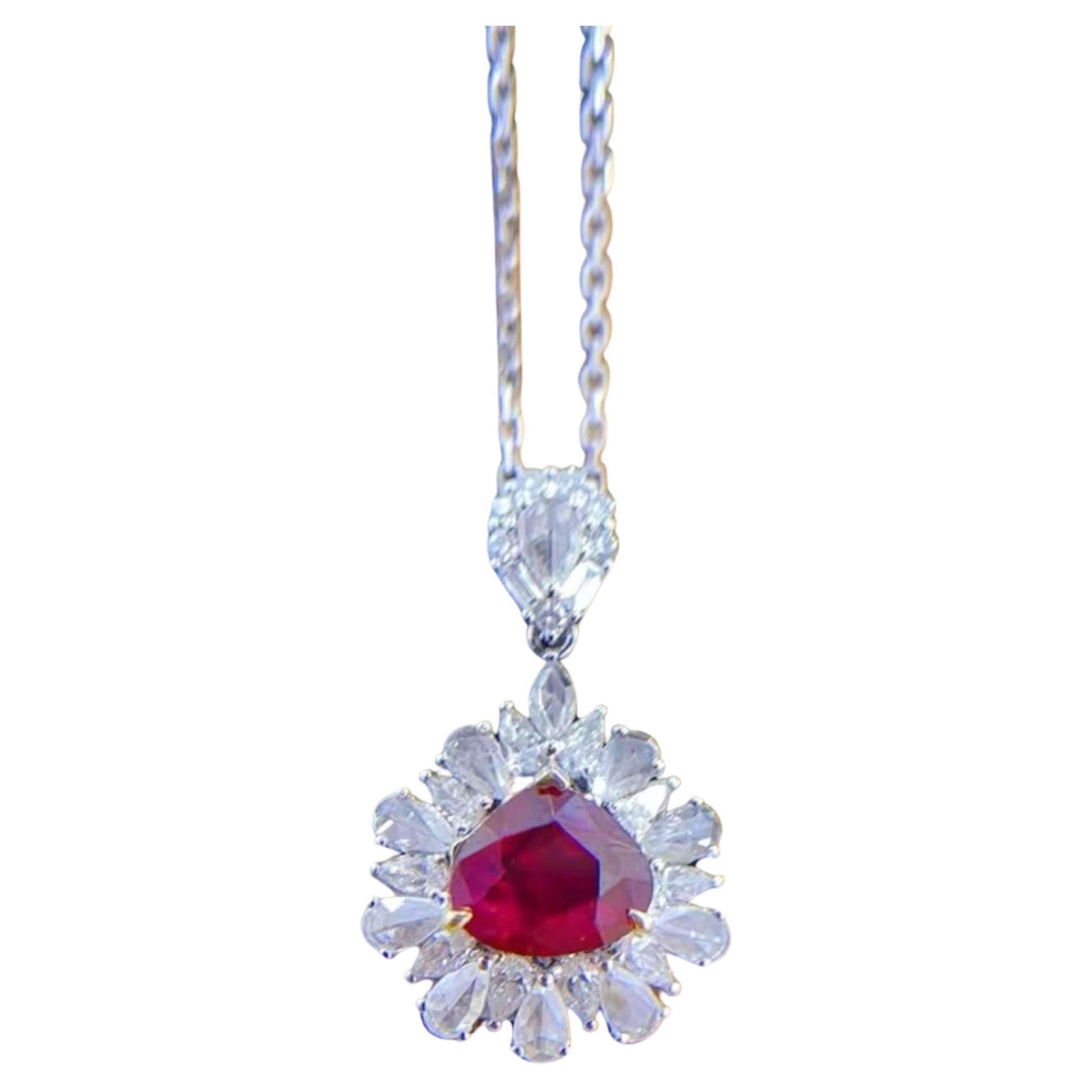 Certified 1.03 Carat Unheated Pigeon Blood Vivid Ruby Necklace Diamond Halo For Sale