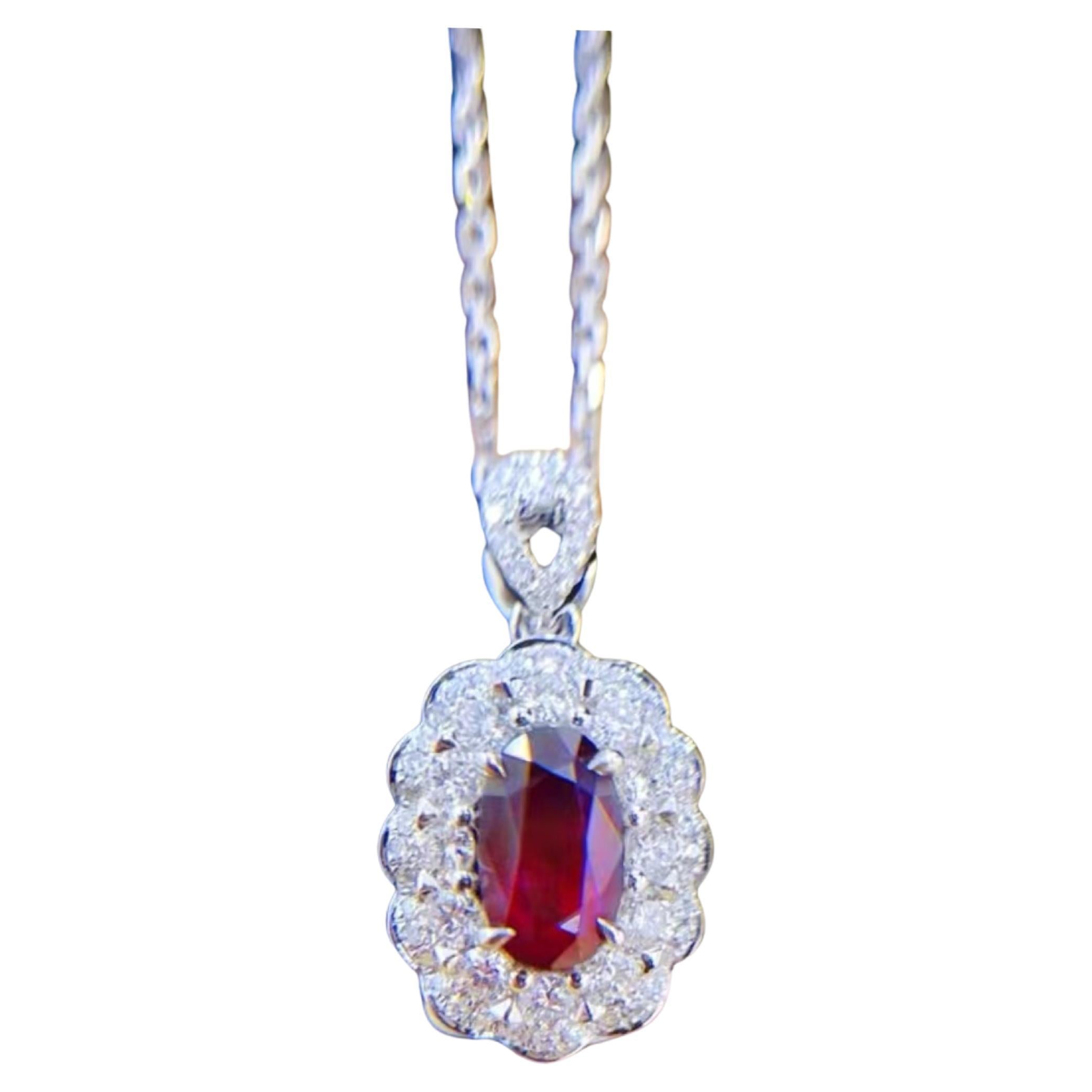 AIGS Certified Unheated Pigeon Blood Ruby Necklace with Diamond Halo