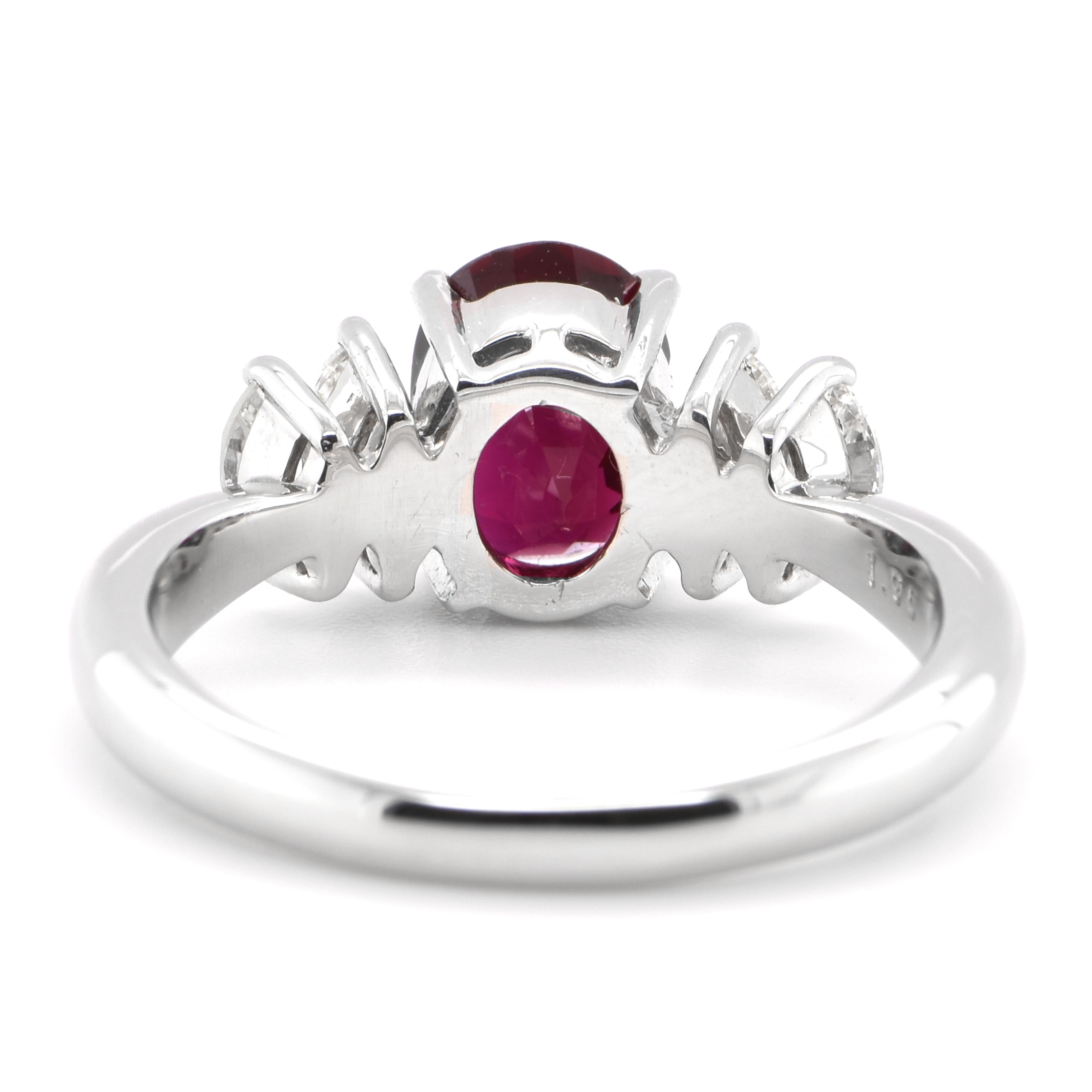 Oval Cut AIGS Certified 1.96 Carat Natural Thai Pigeon Blood Ruby Ring Set in Platinum