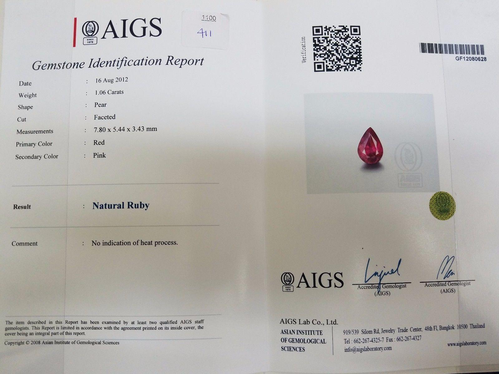 Ruby, Split Shank Ring

AIGS Certified 1.06ct Natural Ruby Ring

Report:  GF12080628

Pear shape, Brilliant

Transparent, Red.

7.80 X 5.44 X 3.43mm

No Heat / No Enhancements.



1.10ct. side round natural diamonds

G-color vs-2 clarity.

14kt