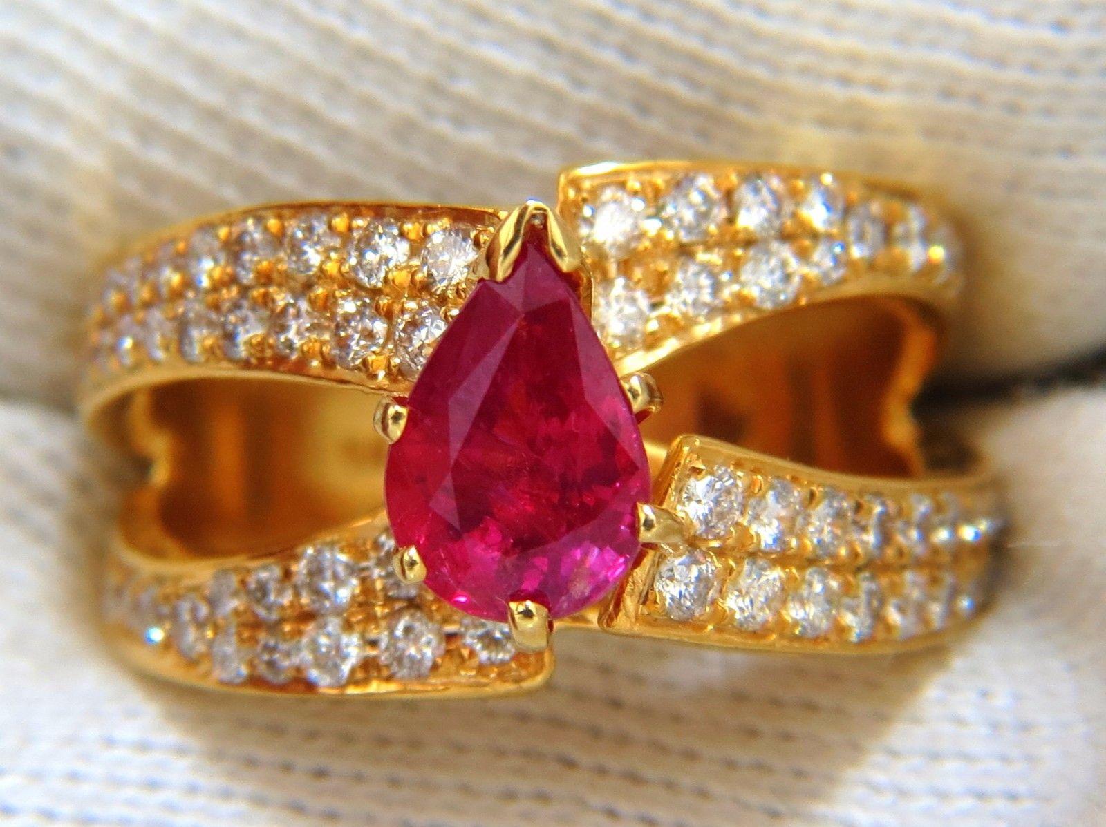 Pear Cut AIGS Certified 2.16ct Natural No Heat Ruby Diamonds ring 14kt SPlit Shank For Sale