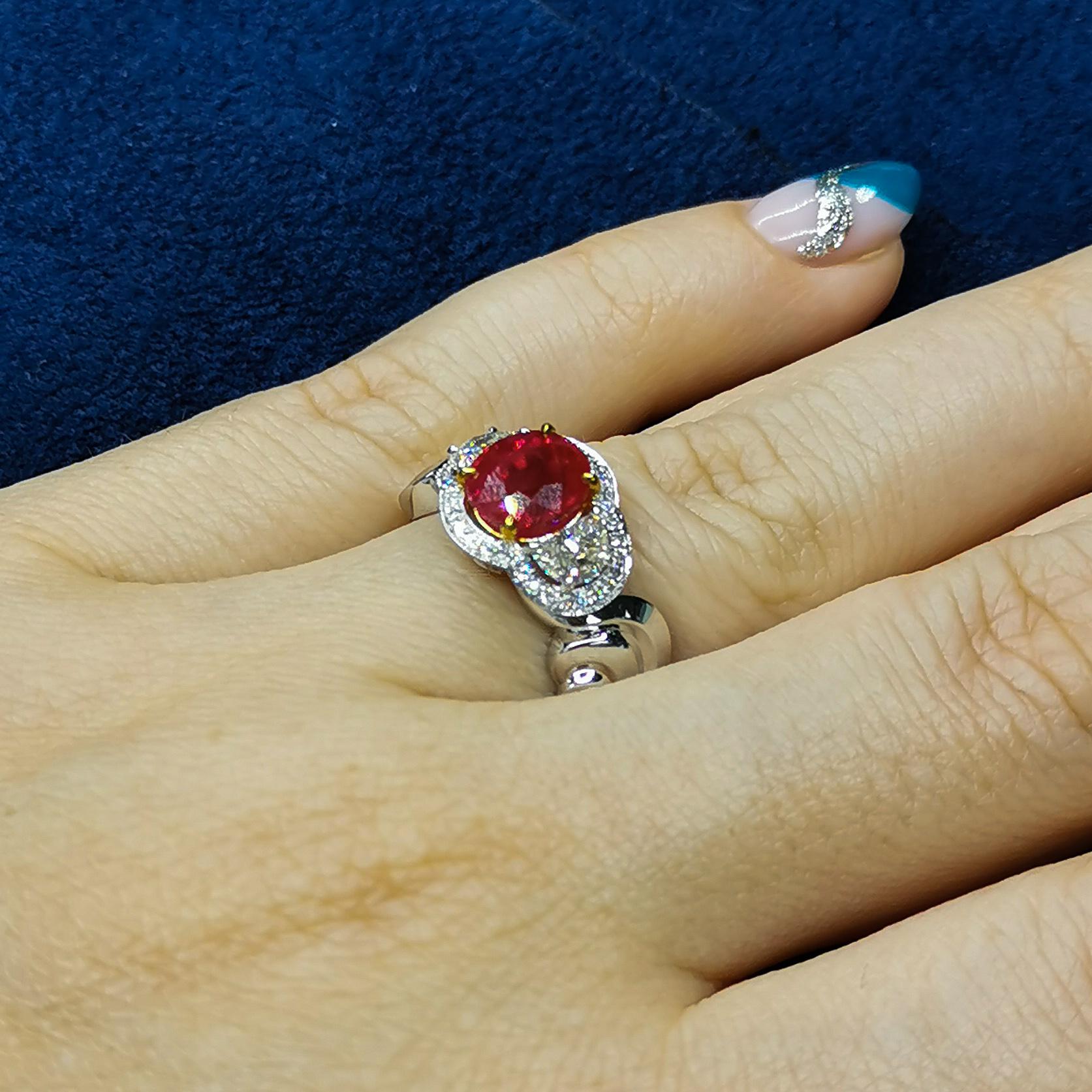 AIGS Certified 2.26 Carat Burmese Ruby Diamond 18 Karat White Gold Ring 2