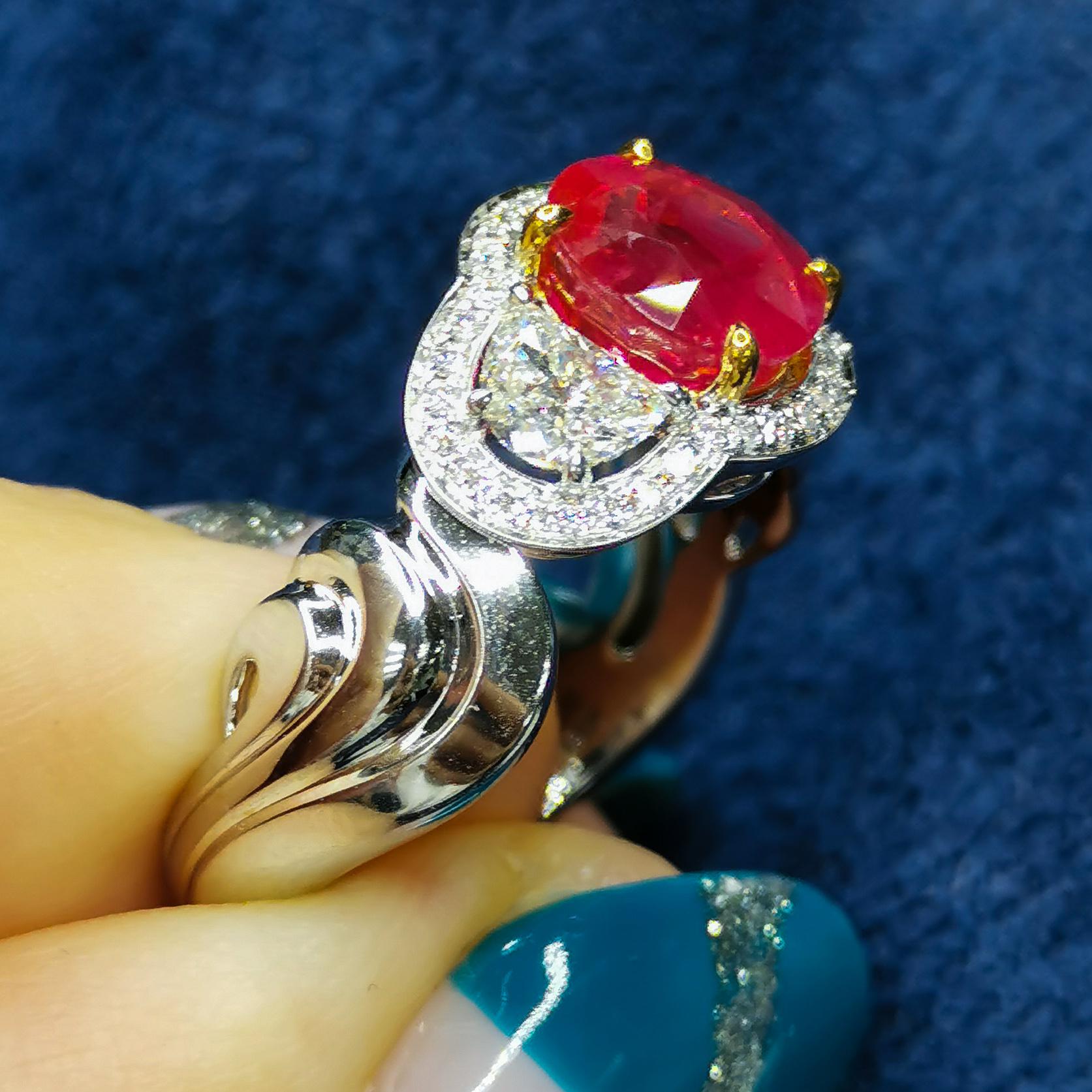 Contemporary AIGS Certified 2.26 Carat Burmese Ruby Diamond 18 Karat White Gold Ring For Sale