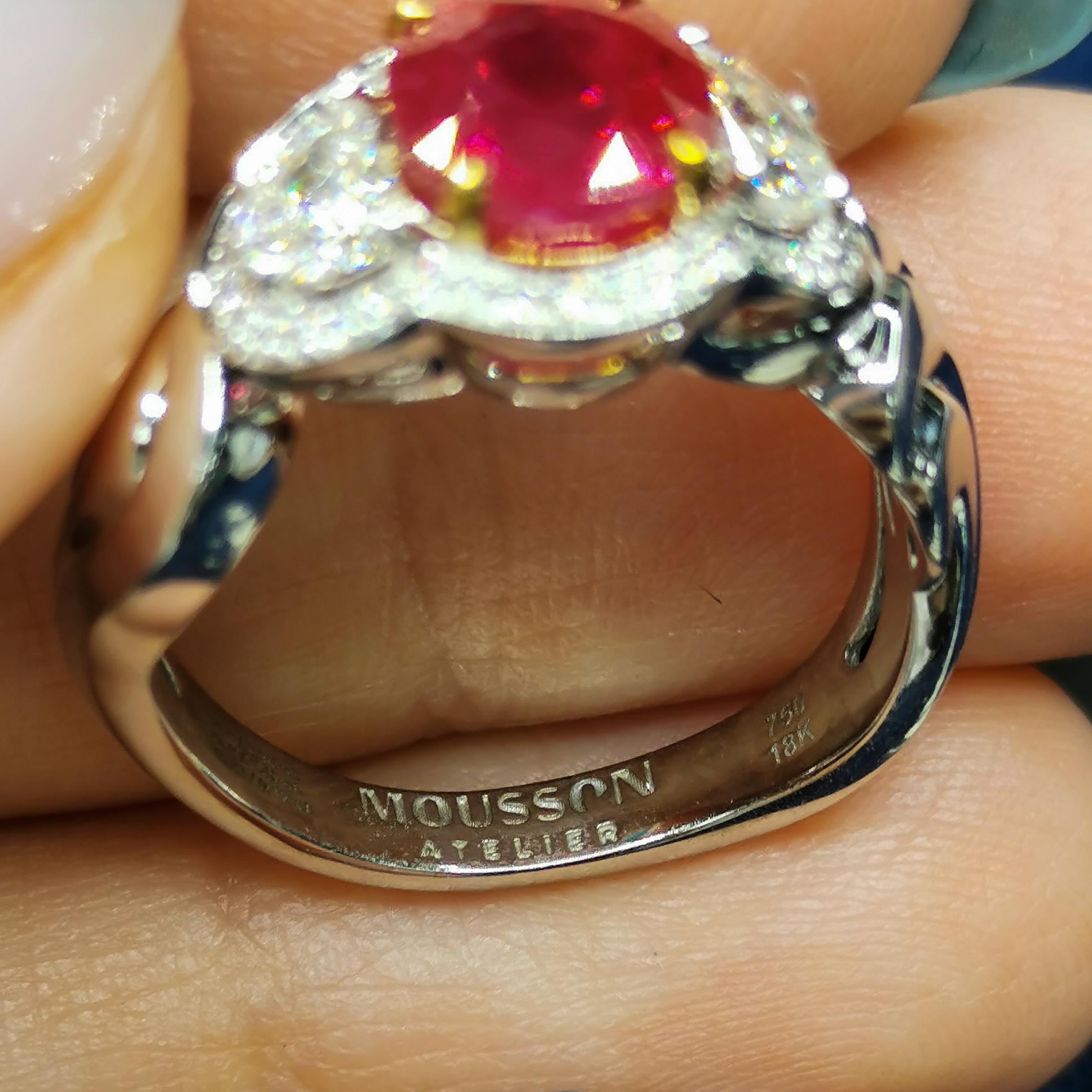 Oval Cut AIGS Certified 2.26 Carat Burmese Ruby Diamond 18 Karat White Gold Ring For Sale