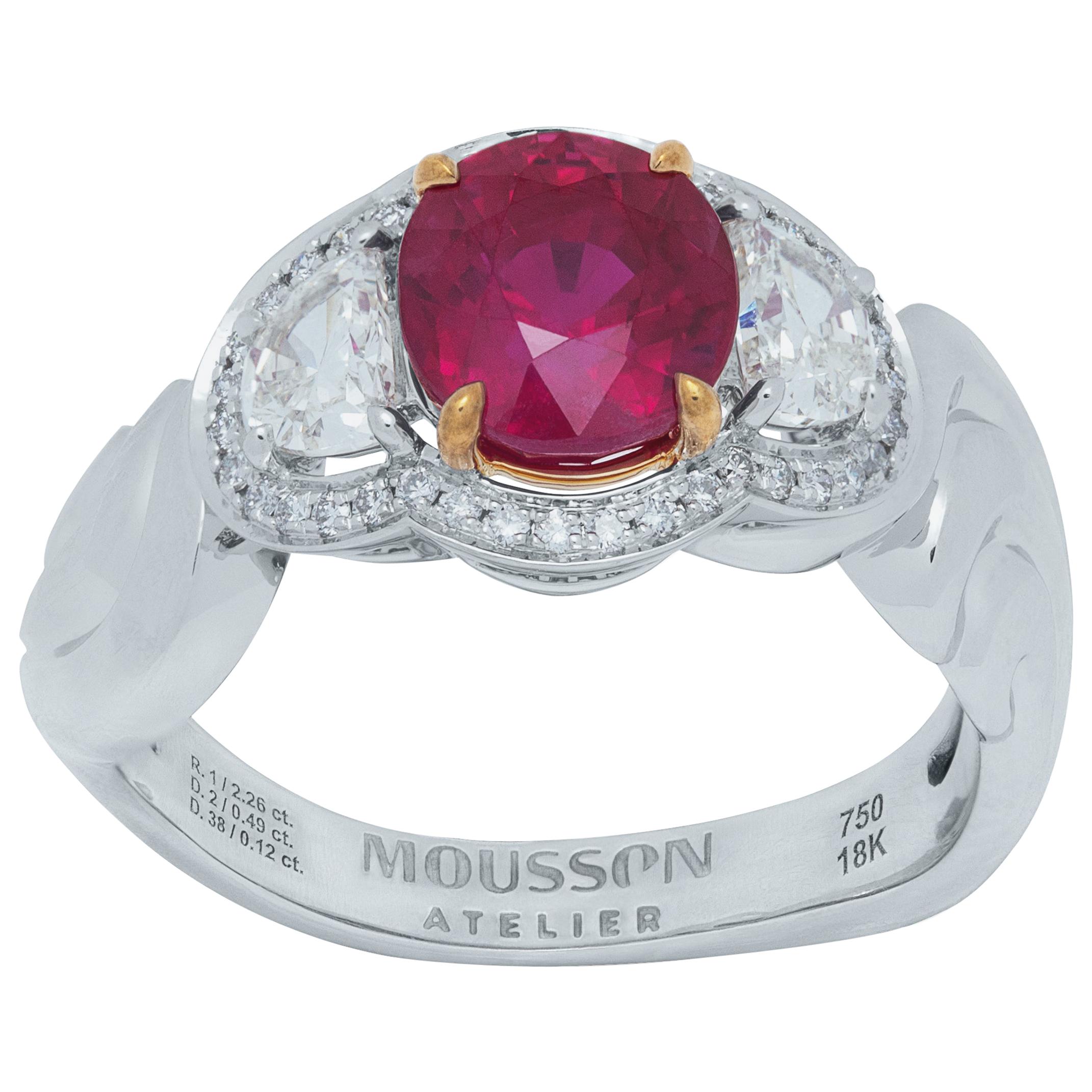 AIGS Certified 2.26 Carat Burmese Ruby Diamond 18 Karat White Gold Ring For Sale