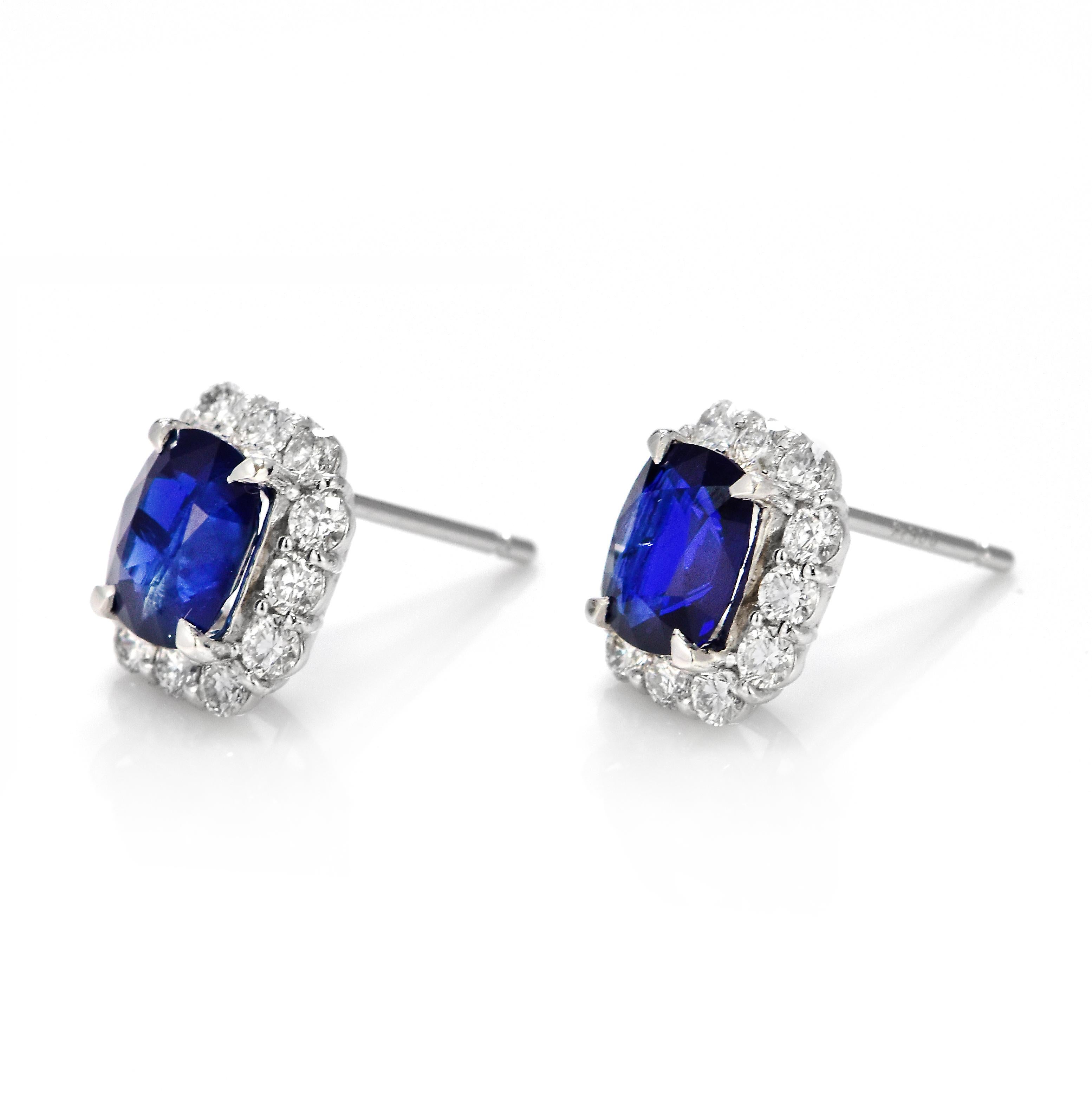 Modern AIGS Certified 2.29 Carat Natural Royal Blue Sapphire Earrings Made in Platinum For Sale