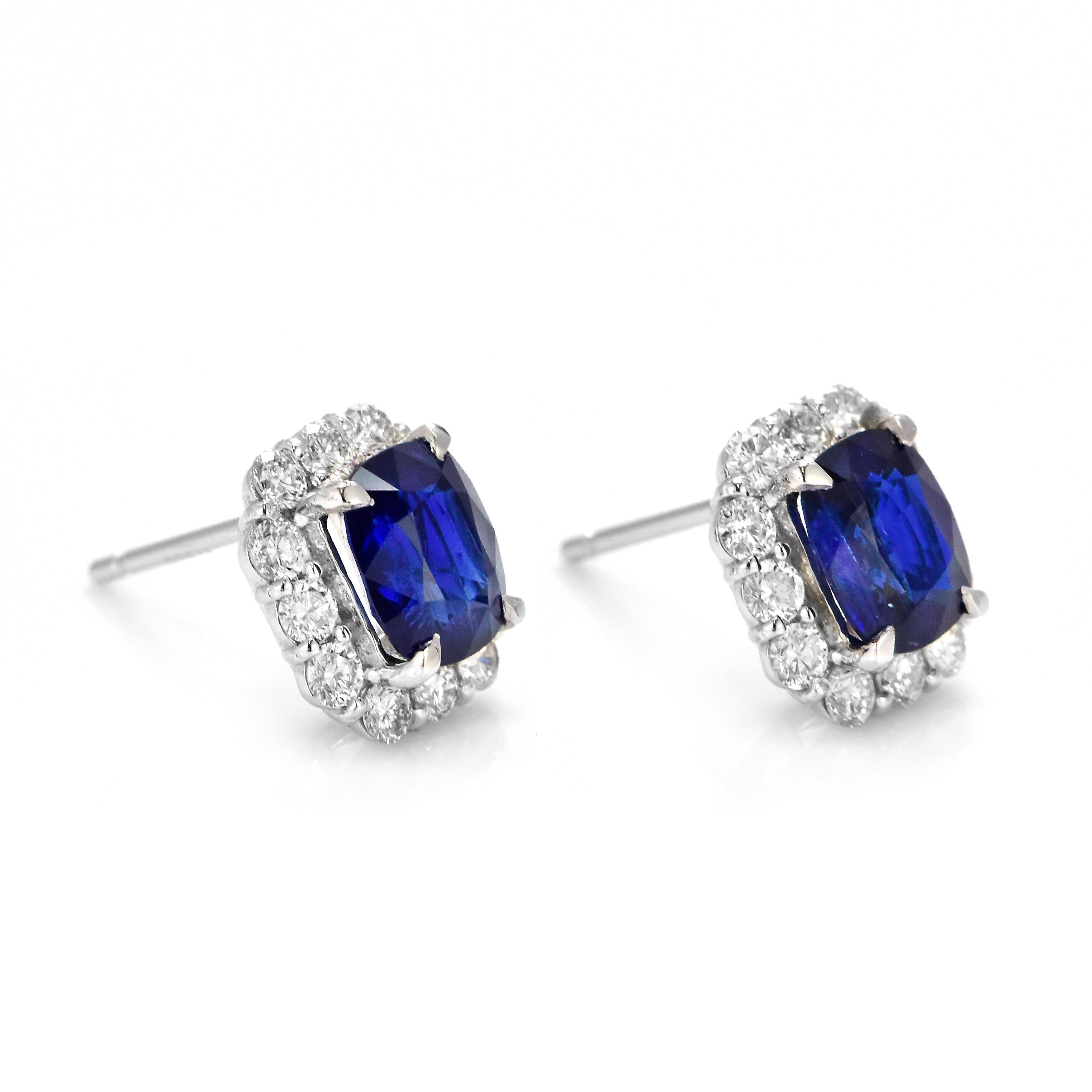 Cushion Cut AIGS Certified 2.29 Carat Natural Royal Blue Sapphire Earrings Made in Platinum For Sale