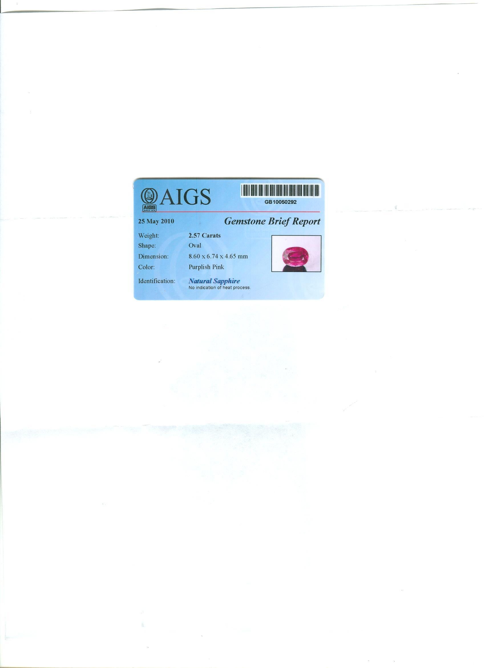 Oval Cut AIGS Certified 2.57 Carat No Heat Purplish Pink Sapphire & Diamond Cocktail Ring