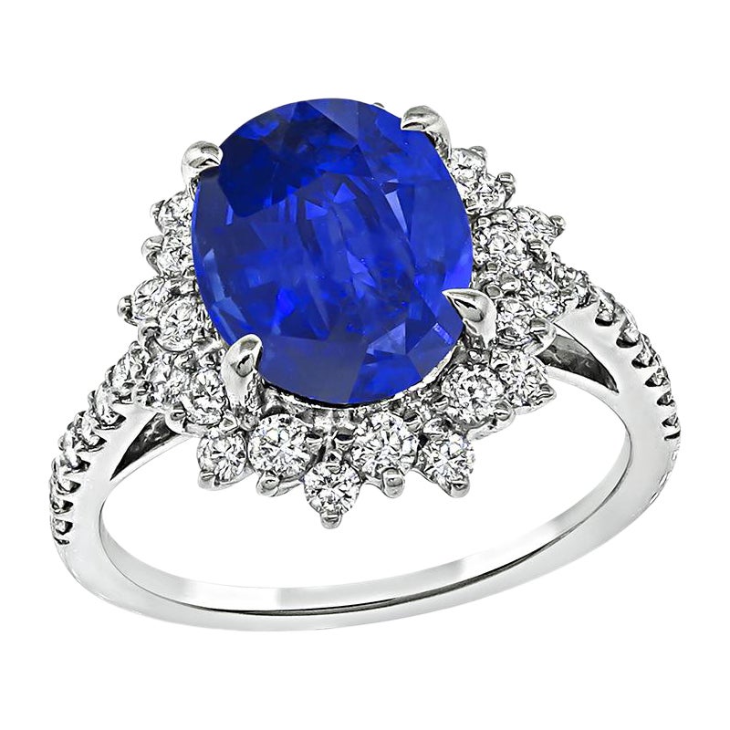 AIGS Certified 3.12ct Sapphire 0.65ct Diamond Platinum Engagement Ring For Sale