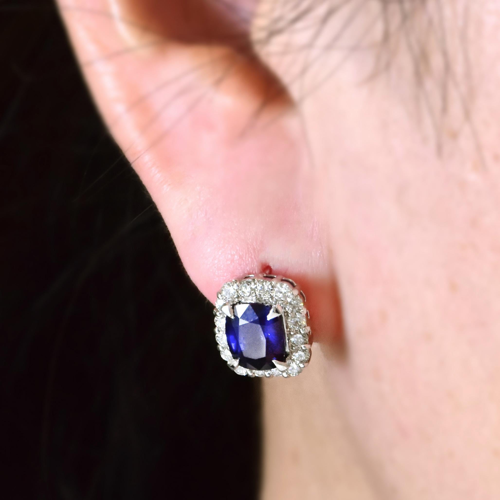 AIGS Certified 3.93 Carat Natural Royal Blue Sapphire Earrings Made in Platinum For Sale 4