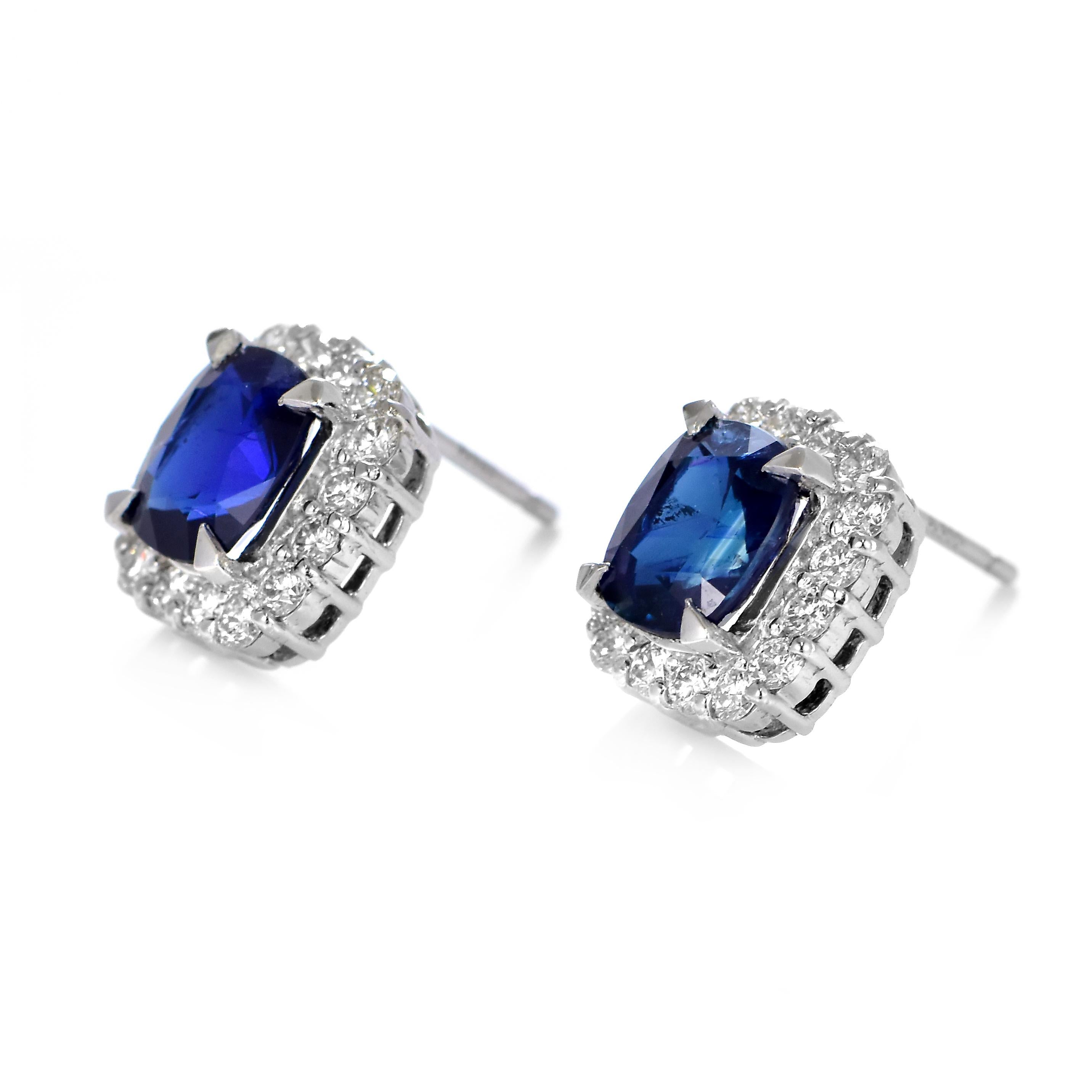 Cushion Cut AIGS Certified 3.93 Carat Natural Royal Blue Sapphire Earrings Made in Platinum For Sale
