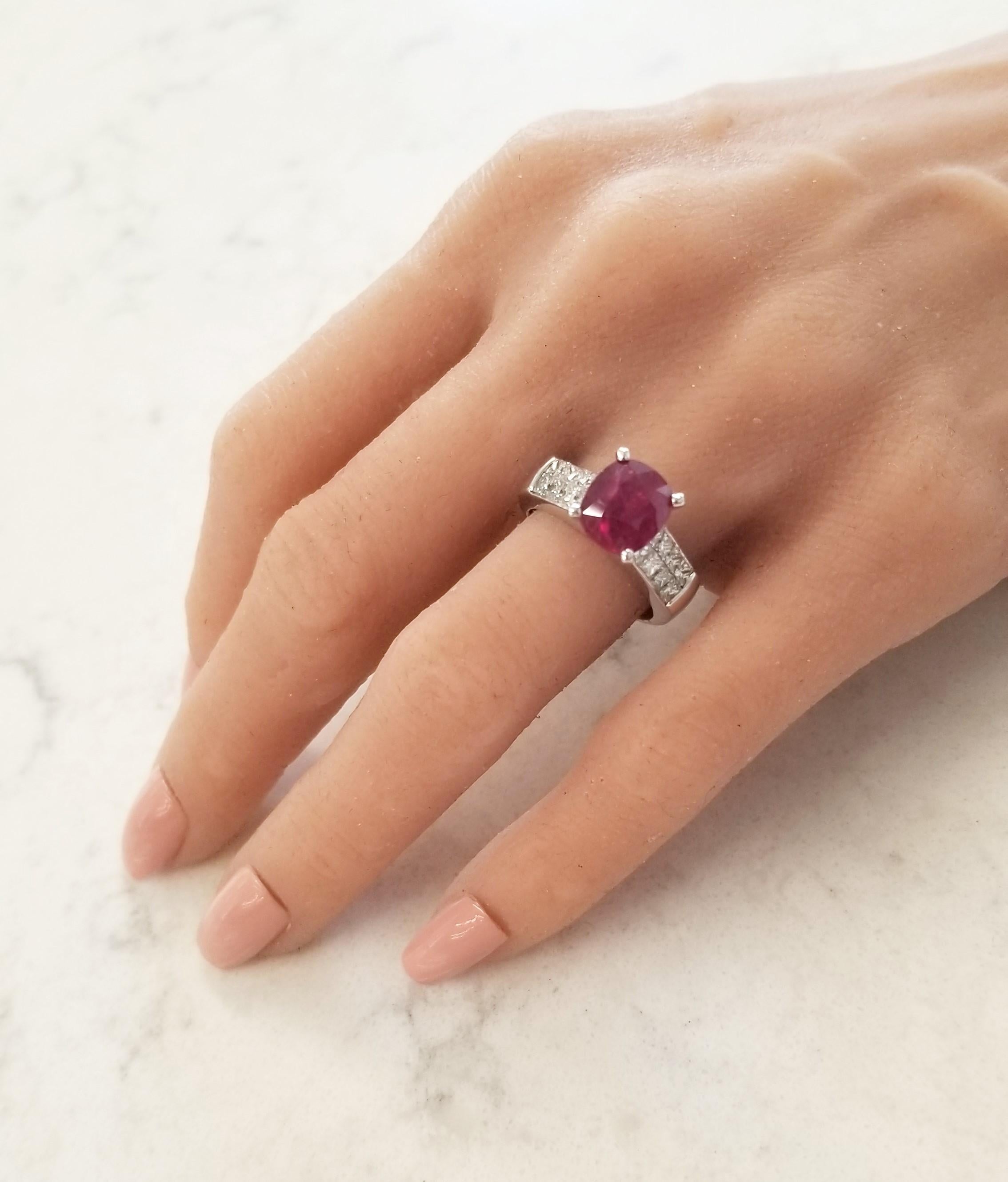 Women's AIGS Certified 4.02 Carat Ruby and Princess Cut Diamond White Gold Cocktail Ring