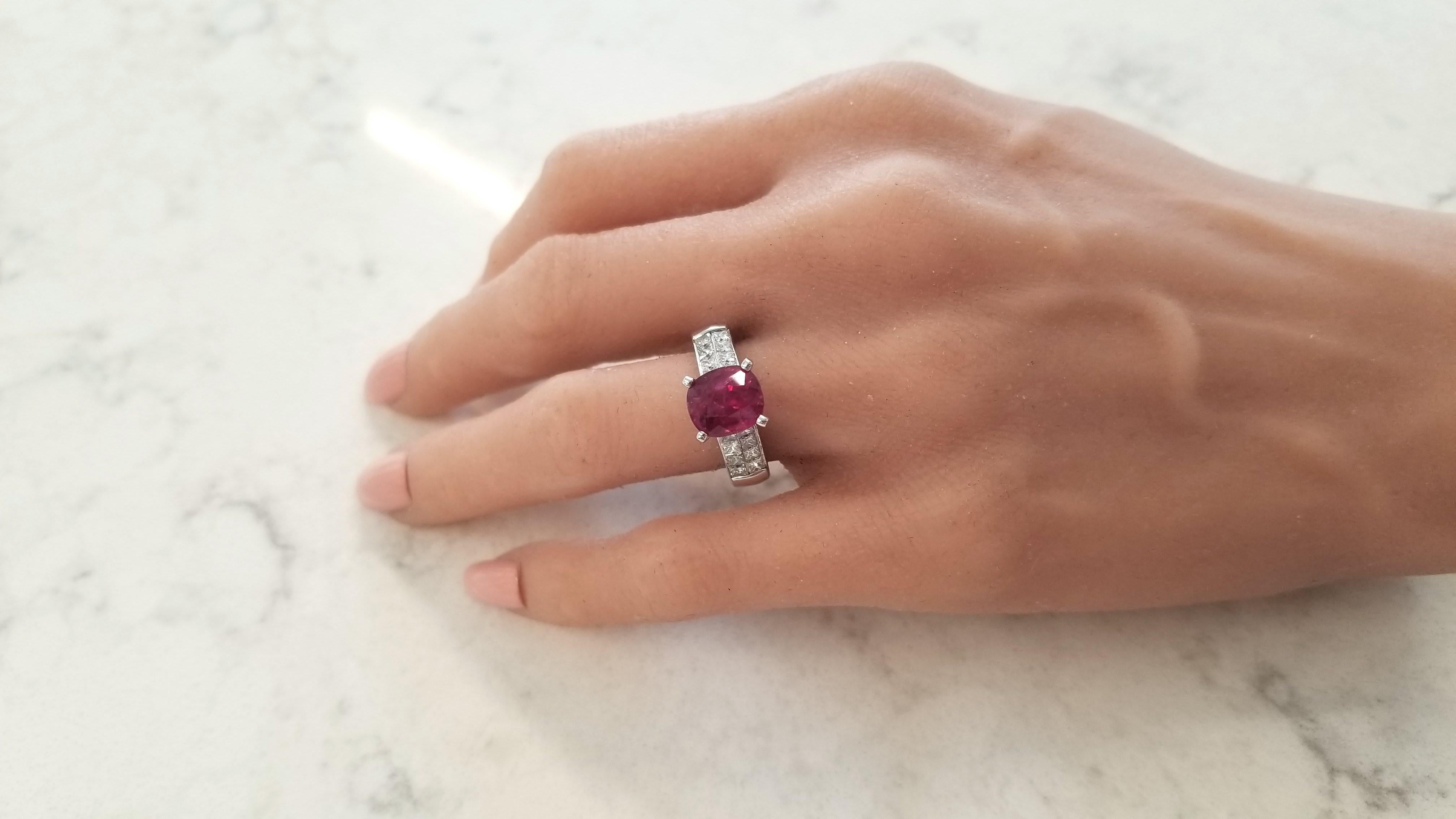 AIGS Certified 4.02 Carat Ruby and Princess Cut Diamond White Gold Cocktail Ring 1