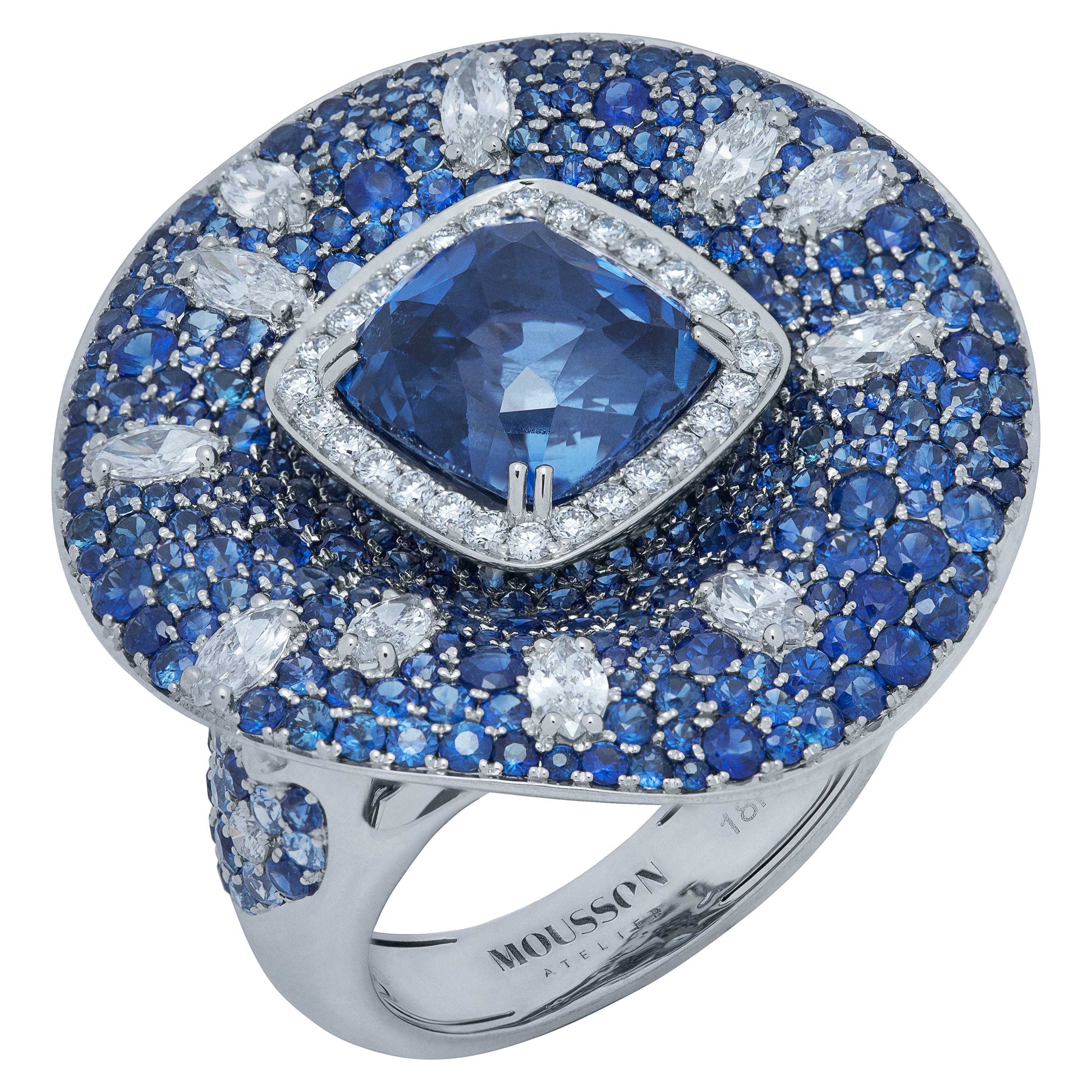 AIGS Certified 6.14 Carat Sapphire Diamonds 18 Karat White Gold Ring For Sale