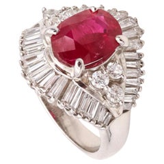 AIGS Certified Cocktail Ring in Platinum 4.08Cts Pigeon Blood Ruby and Diamonds