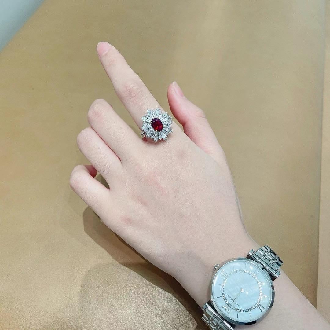Women's or Men's AIGS Certified Mozambique Pigeon Blood Ruby Cocktail Ring with Diamonds For Sale