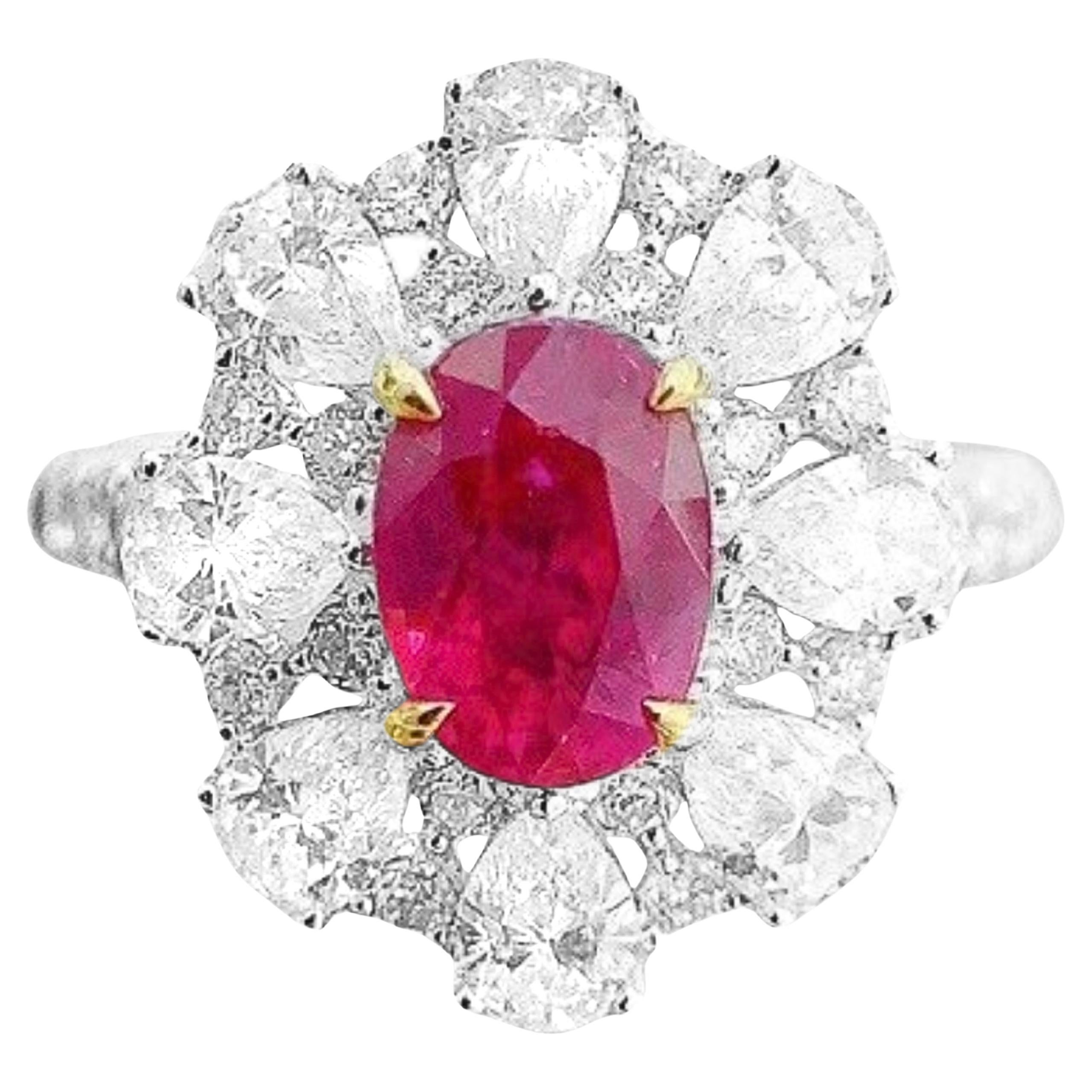 AIGS Certified Unheated 1.57 CT Ruby & Pear Cut Diamond Ring/Pendant