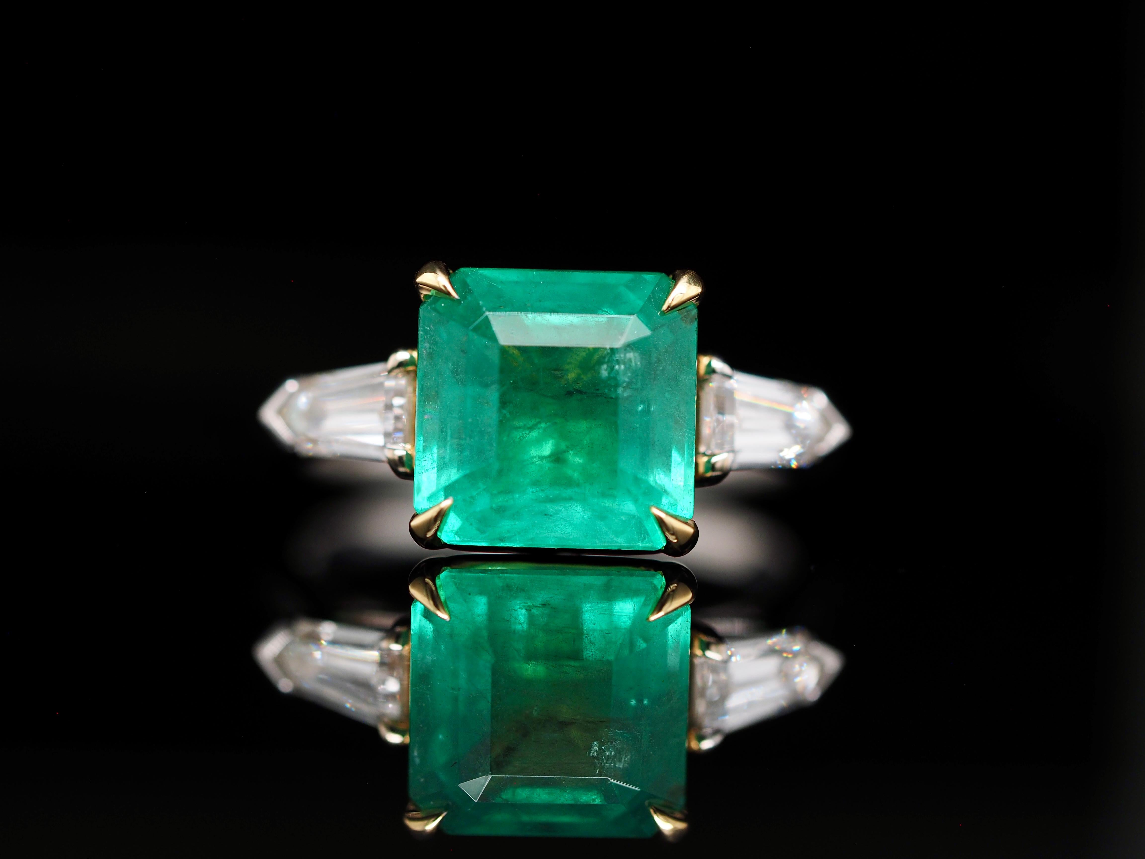 Emerald Cut AIGS Certified Zambia Emerald Diamond Ring in 18 Karat White Gold For Sale