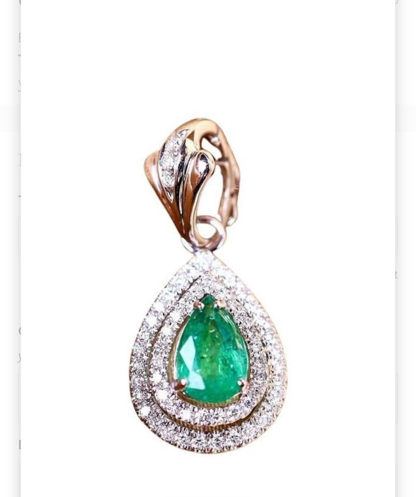 Pear Cut AIiG Certified 2.00 Carat Zambian Emerald Diamonds 18K Gold Pendant For Sale