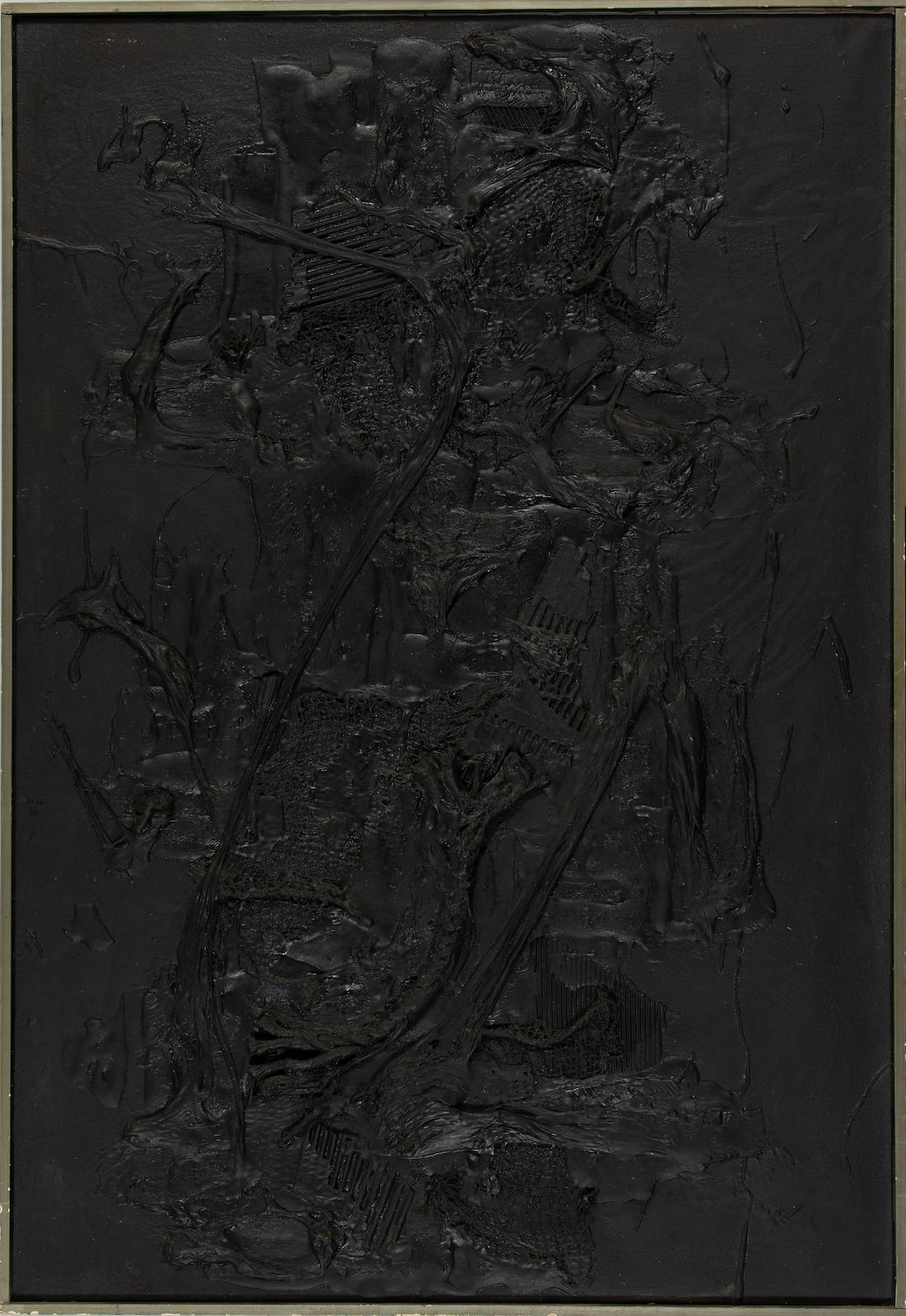 Composition by Aika Brown (1937-1964)
Mixed media on canvas
130 x 89cm (51 ¹/₈ x 35 inches)
Signed and dated on the reverse, B. AIKA Paris 1961
Executed in 1961
