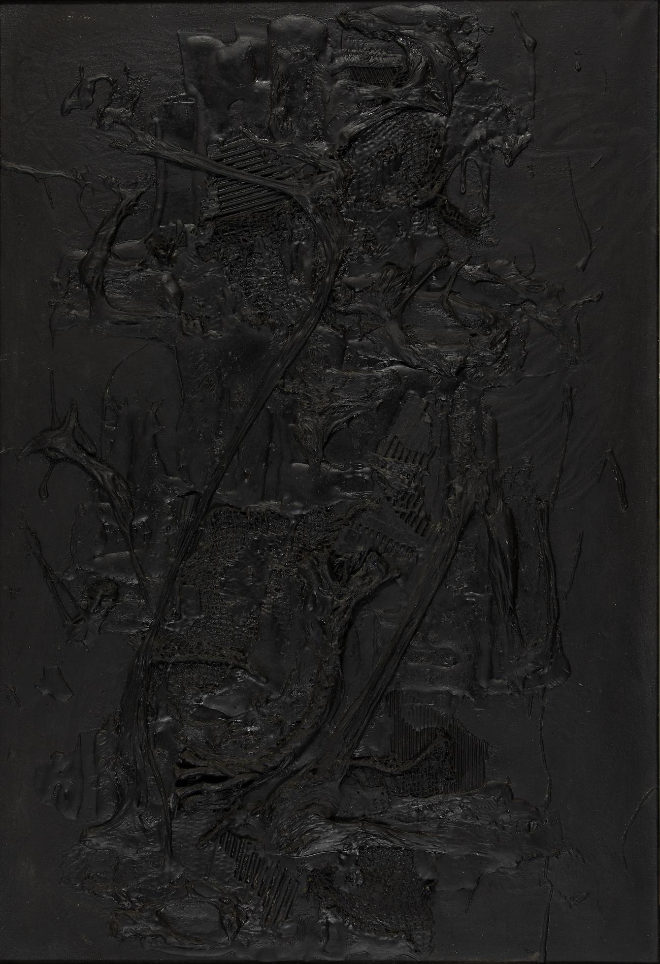 Composition d'Aika Brown (1937-1964)
Technique mixte sur toile
130 x 89cm (51 ¹/₈ x 35 pouces)
Signé et daté au verso, B. AIKA Paris 1961
Exécuté en 1961
