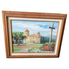 Aiko Cios Signed Mid-Century California Mission Landscape Oil on Canvas Painting