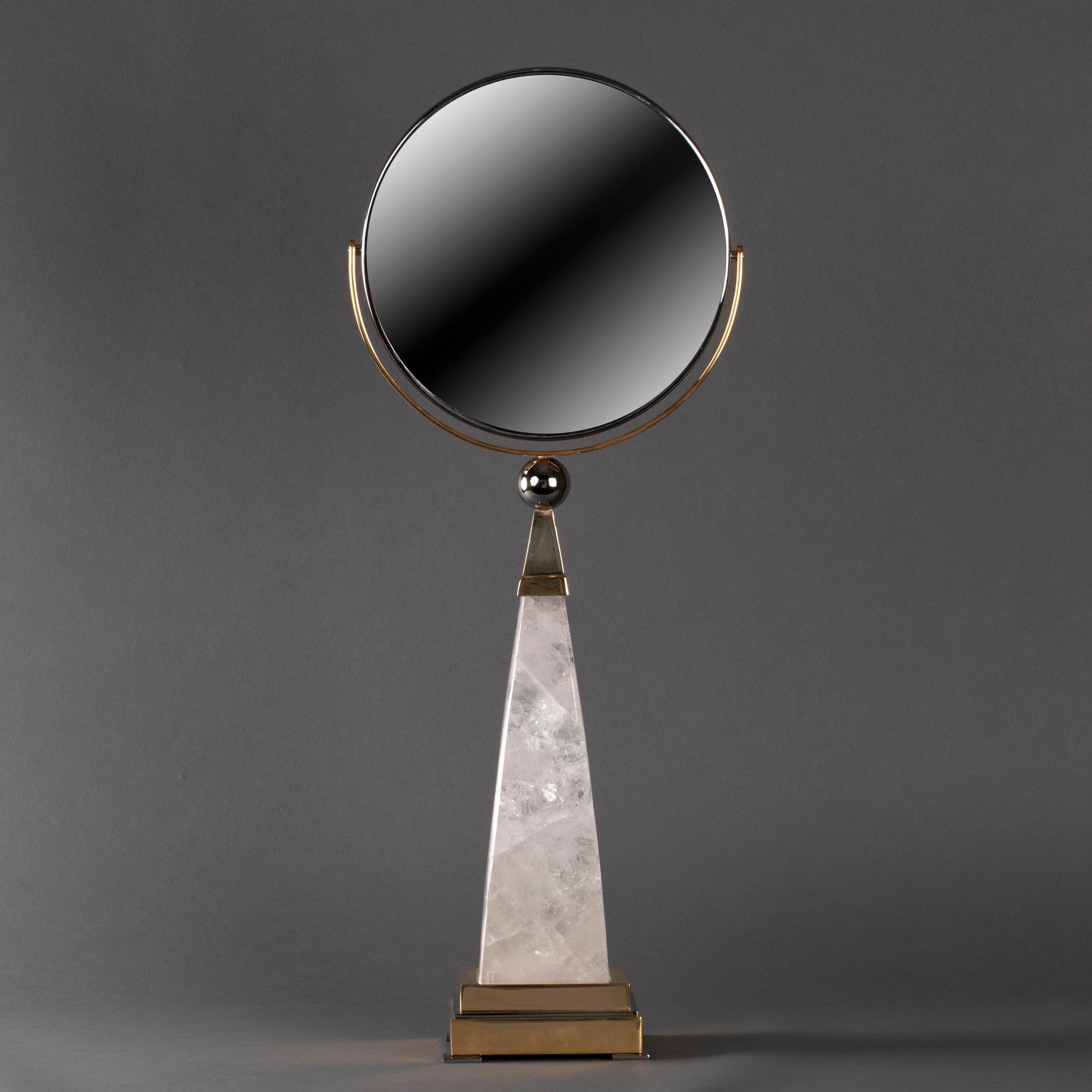 Table mirror made in rock crystal and brass in two functions chrome and 24-karat gold plated.
Could be done in other function by request.
Two faced mirror, one X10.
Hand made in France.
Design by Alexandre VOSSION.
Free shipping offer.