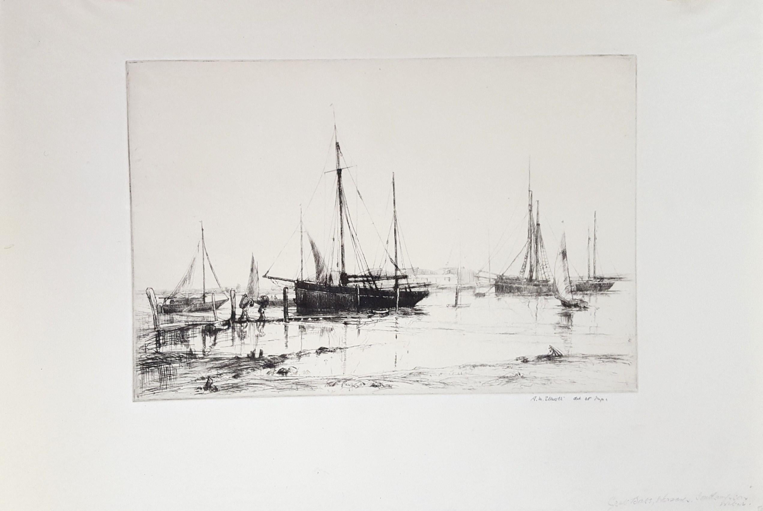 Boîtes de crabe, Southampton Water /// Impressionniste marine britannique - Print de Aileen Mary Elliot