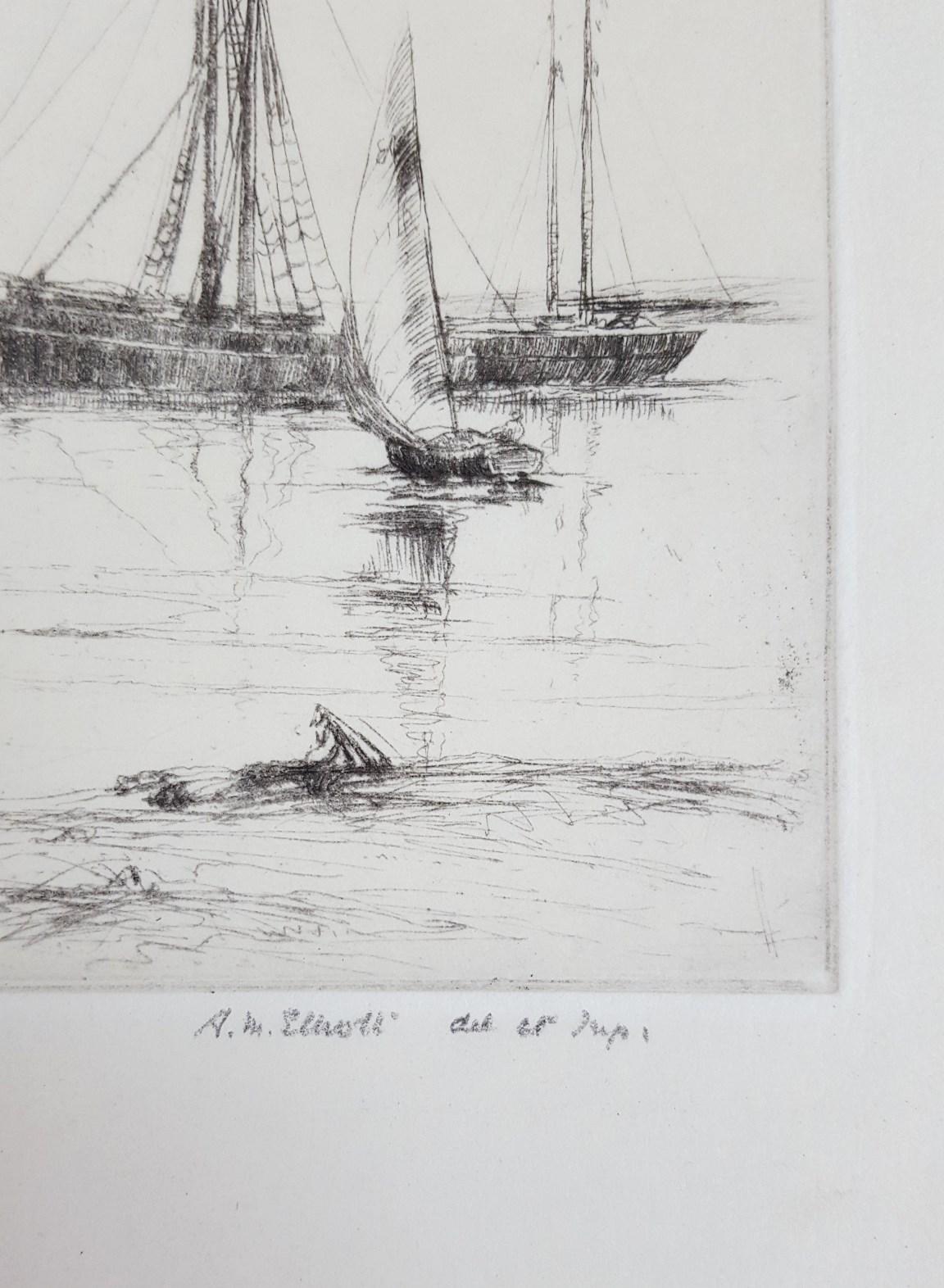 Boîtes de crabe, Southampton Water /// Impressionniste marine britannique - Moderne Print par Aileen Mary Elliot
