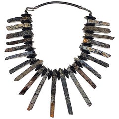 Aileen Melhe Black Banded Agate with Leather & Sterling Silver Spike Necklace