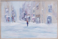 Ancienne peinture à l'huile impressionniste américaine représentant une scène de rue d'hiver, signée