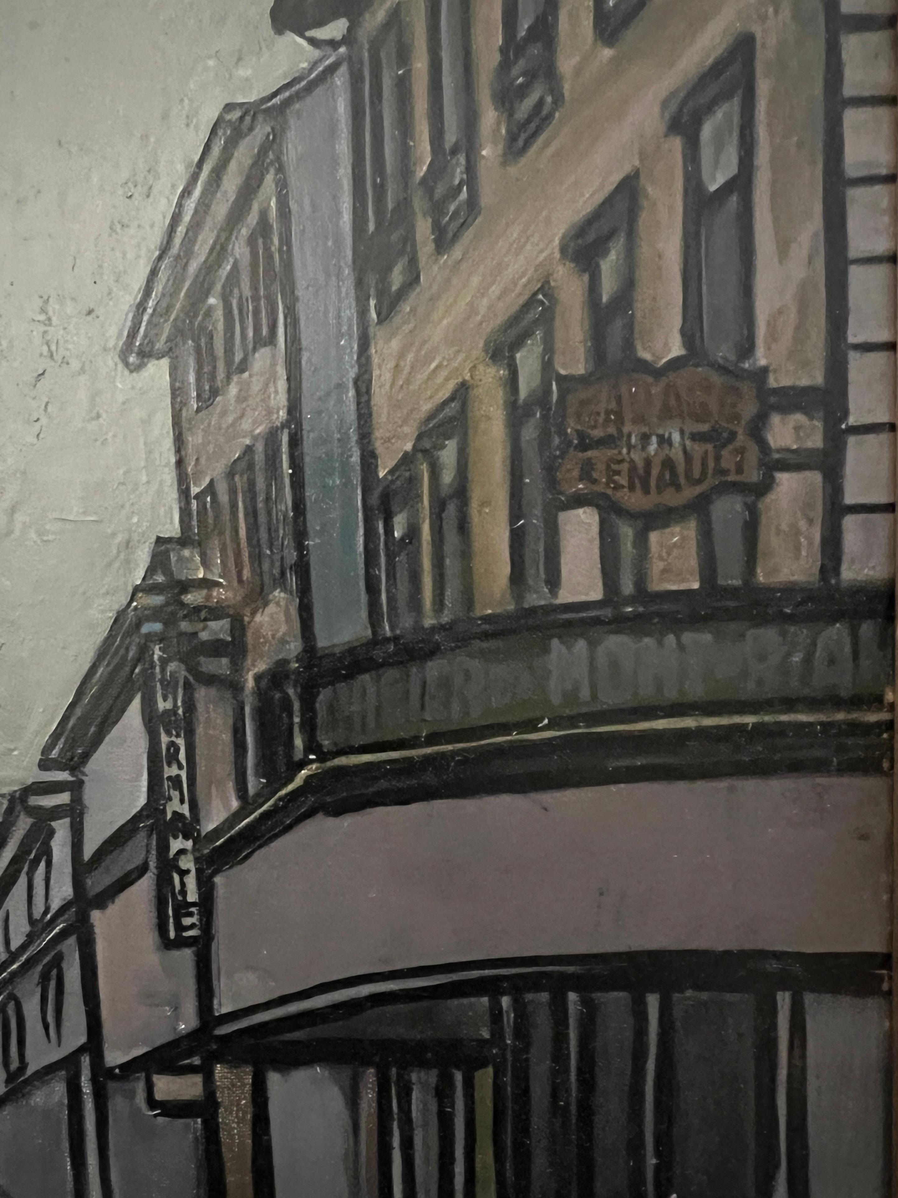 Trabajo en madera
Marco de madera con terciopelo rojo
38.7 x 53 x 2 cm


Esta obra de arte representa una escena urbana, captando una calle tranquila bordeada de edificios de arquitectura sencilla y geométrica. Las líneas verticales y horizontales