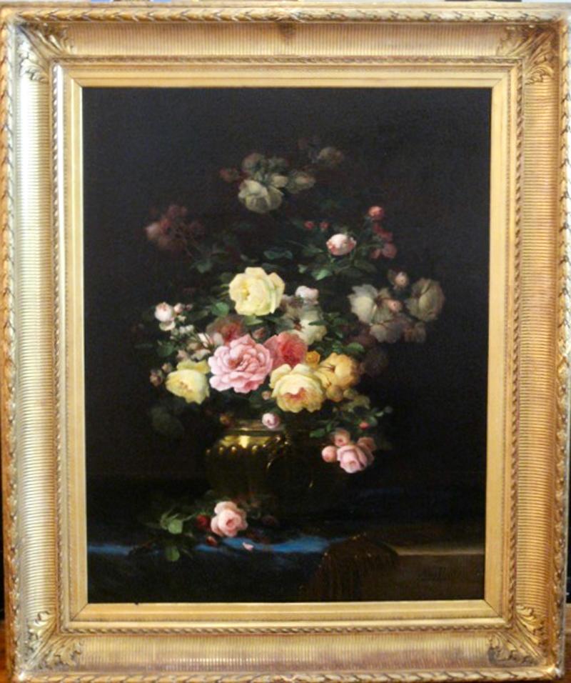 Blumenstrauß aus Rosen im Messingtopf – Painting von Aimé Perret