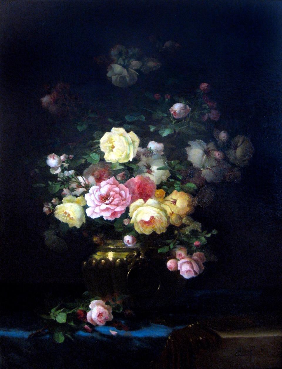 Aimé Perret Still-Life Painting – Blumenstrauß aus Rosen im Messingtopf