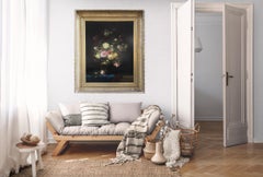 "Bouquet of Roses in a Brass Pot" French oil on canvas still life late 19th C