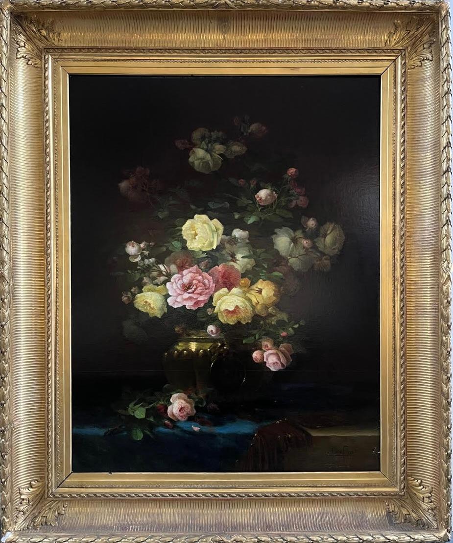 Aimé Perret Still-Life Painting - "Bouquet of Roses in a Brass Pot" French oil on canvas still life late 19th C