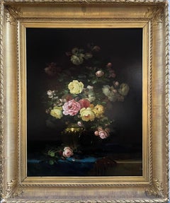 "Bouquet of Roses in a Brass Pot" French oil on canvas still life late 19th C