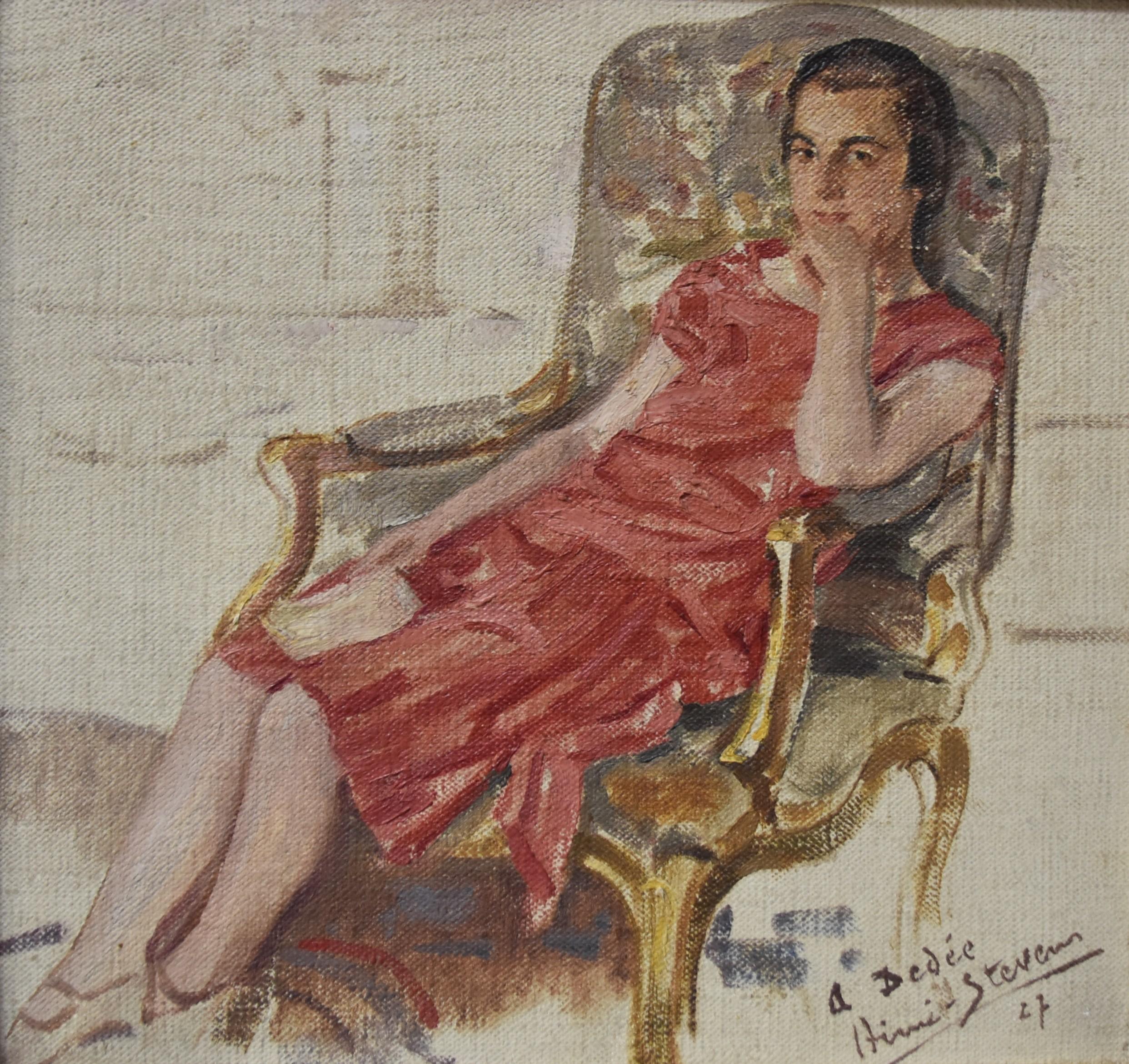 Aimé Stevens (1879-1951)
Portrait d'une dame assise, 1927
Signé, daté et dédicacé en bas à droite
Huile sur toile montée sur carton
En bon état, mais on remarque une indentation convexe en bas au centre gauche

Aimé Stevens, peintre belge, est né à