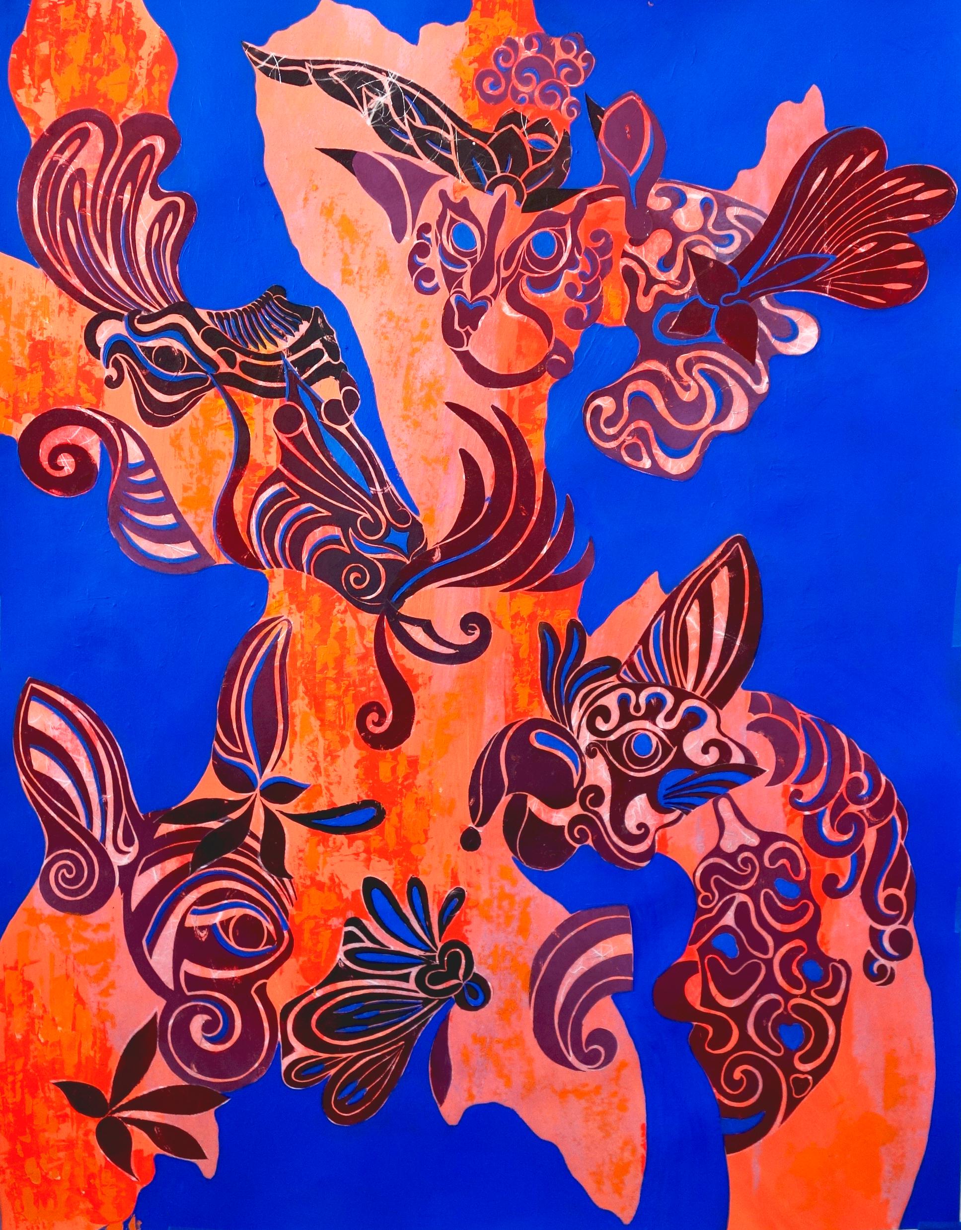 Aima Saint Hunon Nude Painting -  Original collage on paper, animal and greenery, blue orange and grey tone