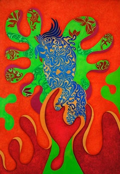 bleuparrot Original painting and collage, bleu parrot, colorful, orange green background