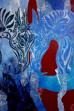 Original painting and collage, two blue horses, blue and red tone